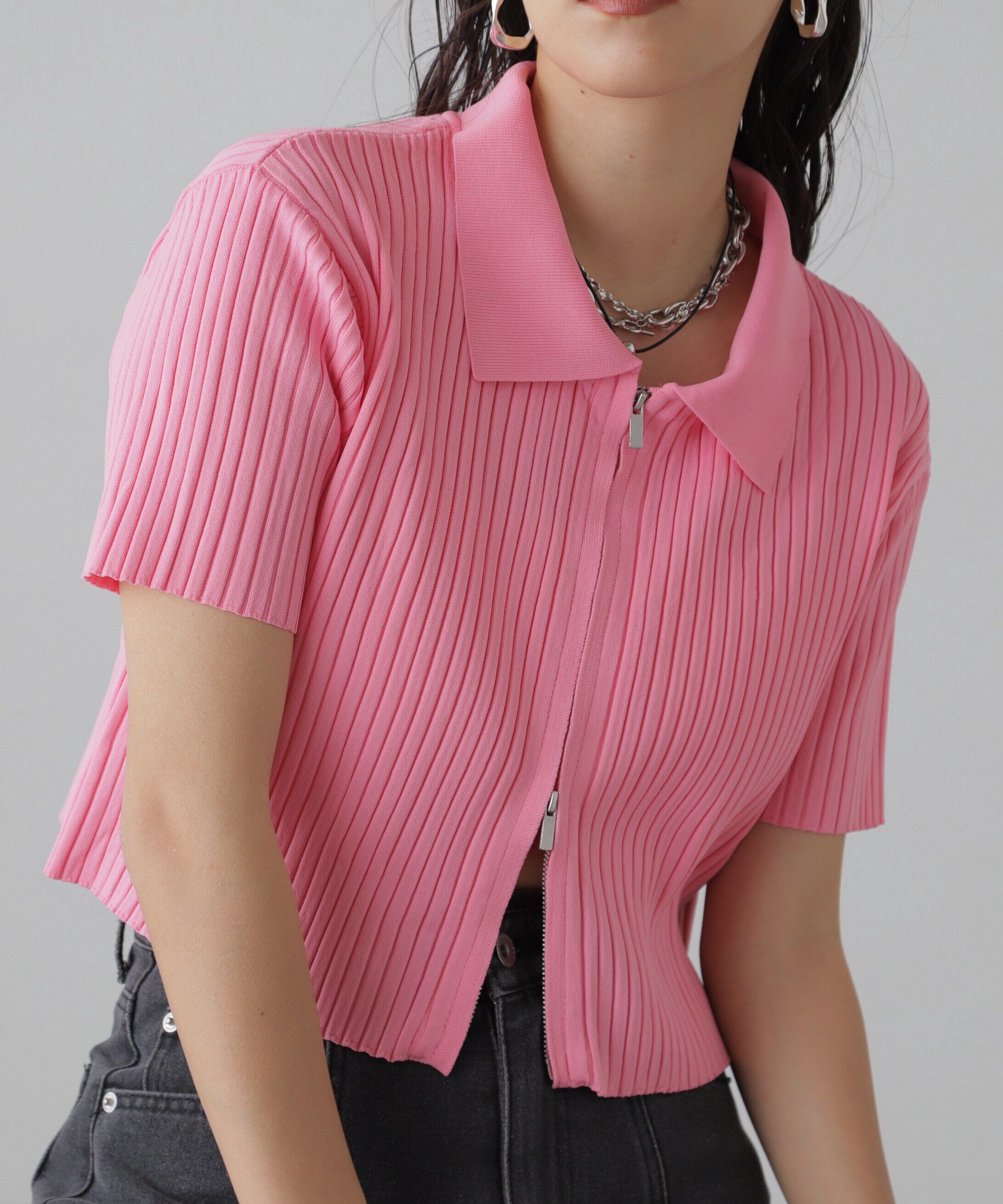  「襟付き半袖ジップニットカーディガン」|ニット・セーター|ピンク