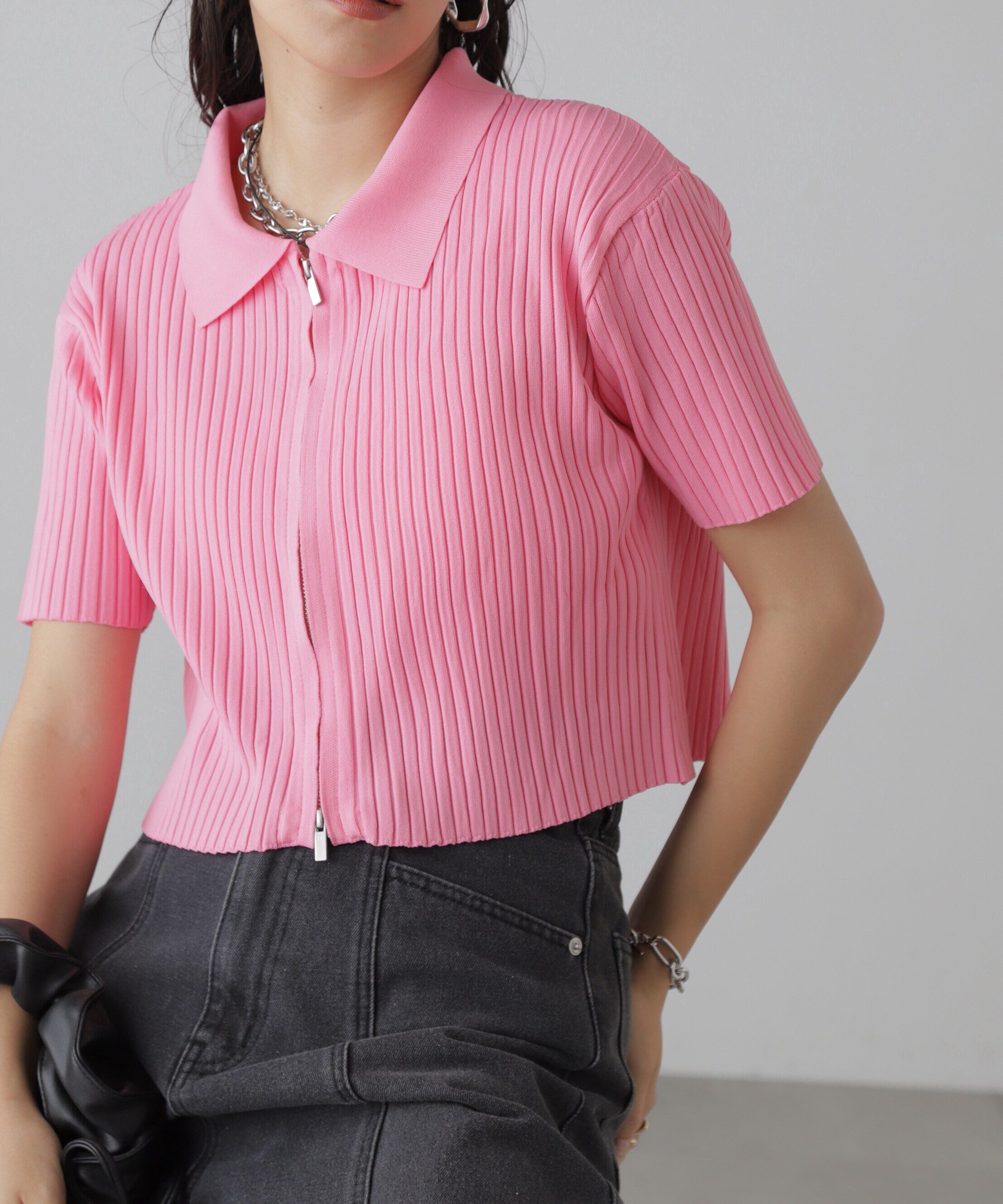  「襟付き半袖ジップニットカーディガン」|ニット・セーター|