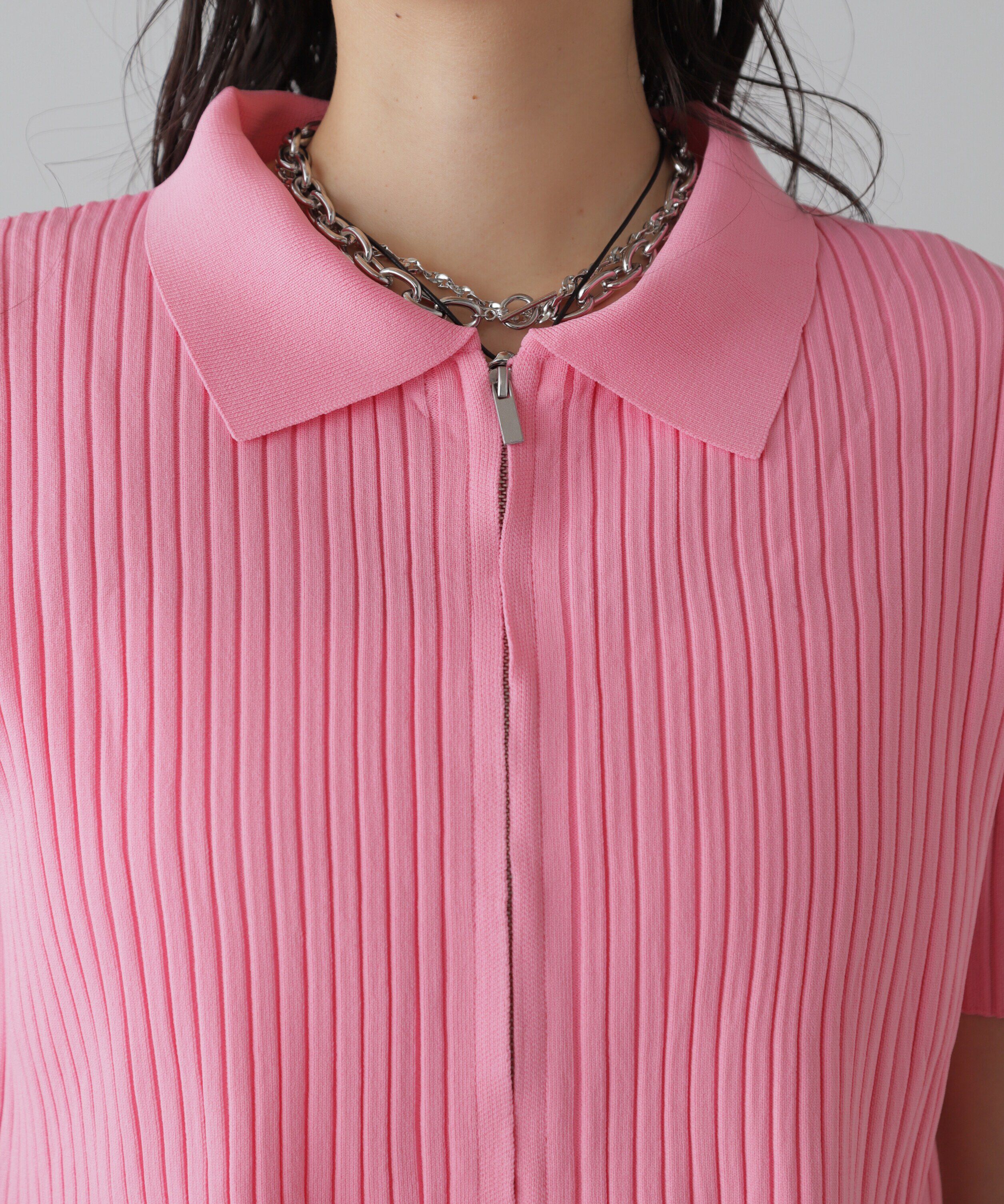  「襟付き半袖ジップニットカーディガン」|ニット・セーター|