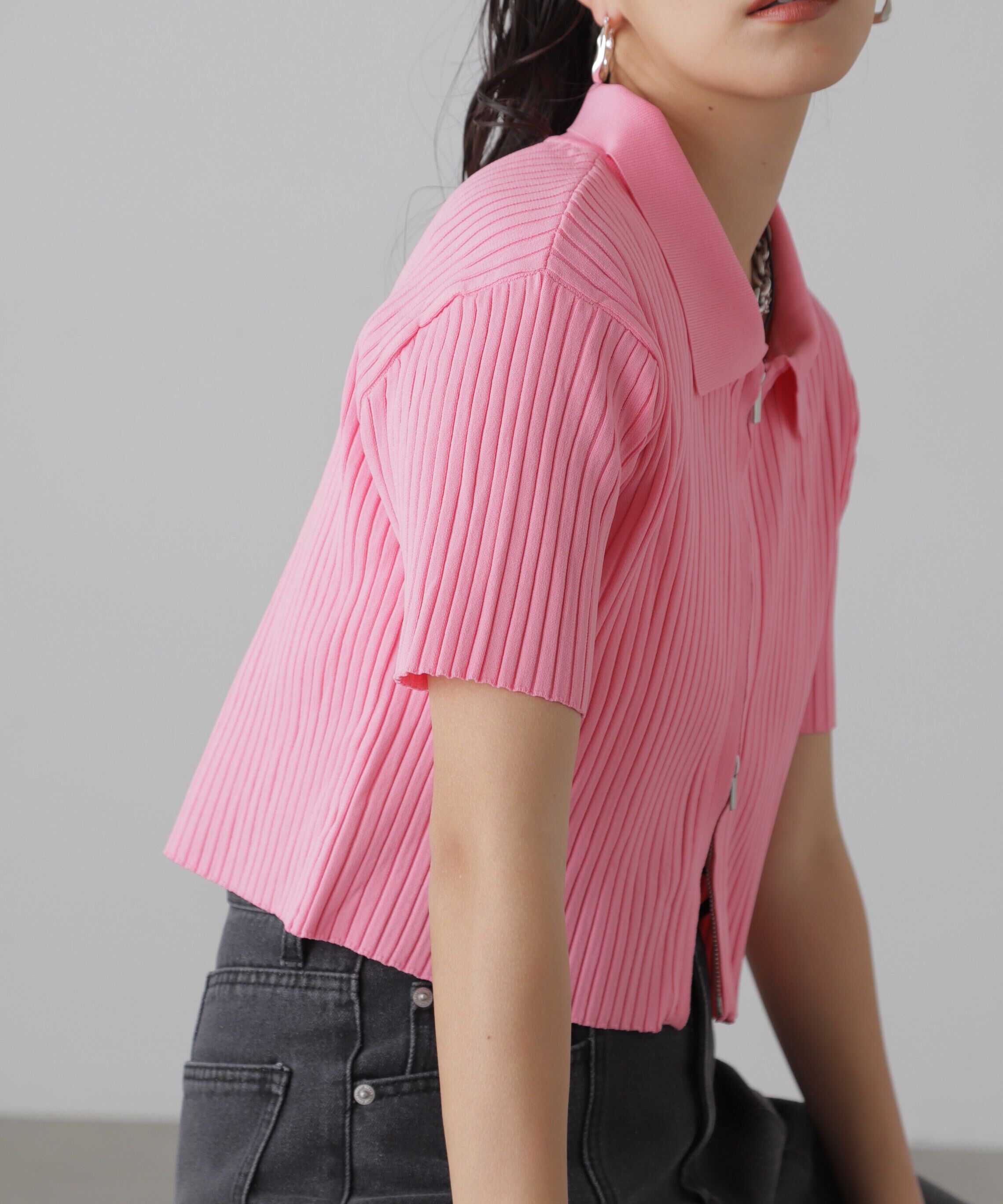  「襟付き半袖ジップニットカーディガン」|ニット・セーター|