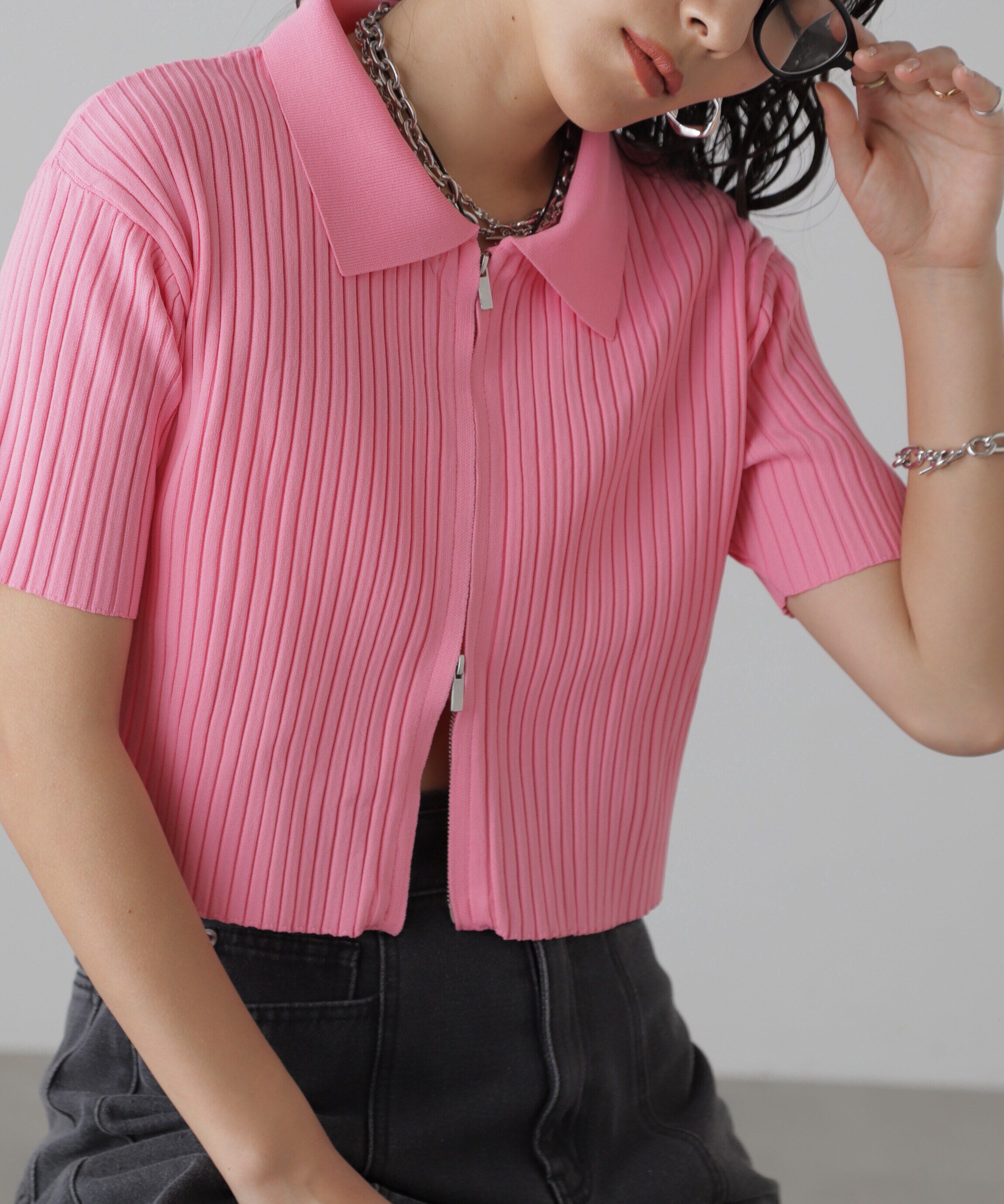  「襟付き半袖ジップニットカーディガン」|ニット・セーター|