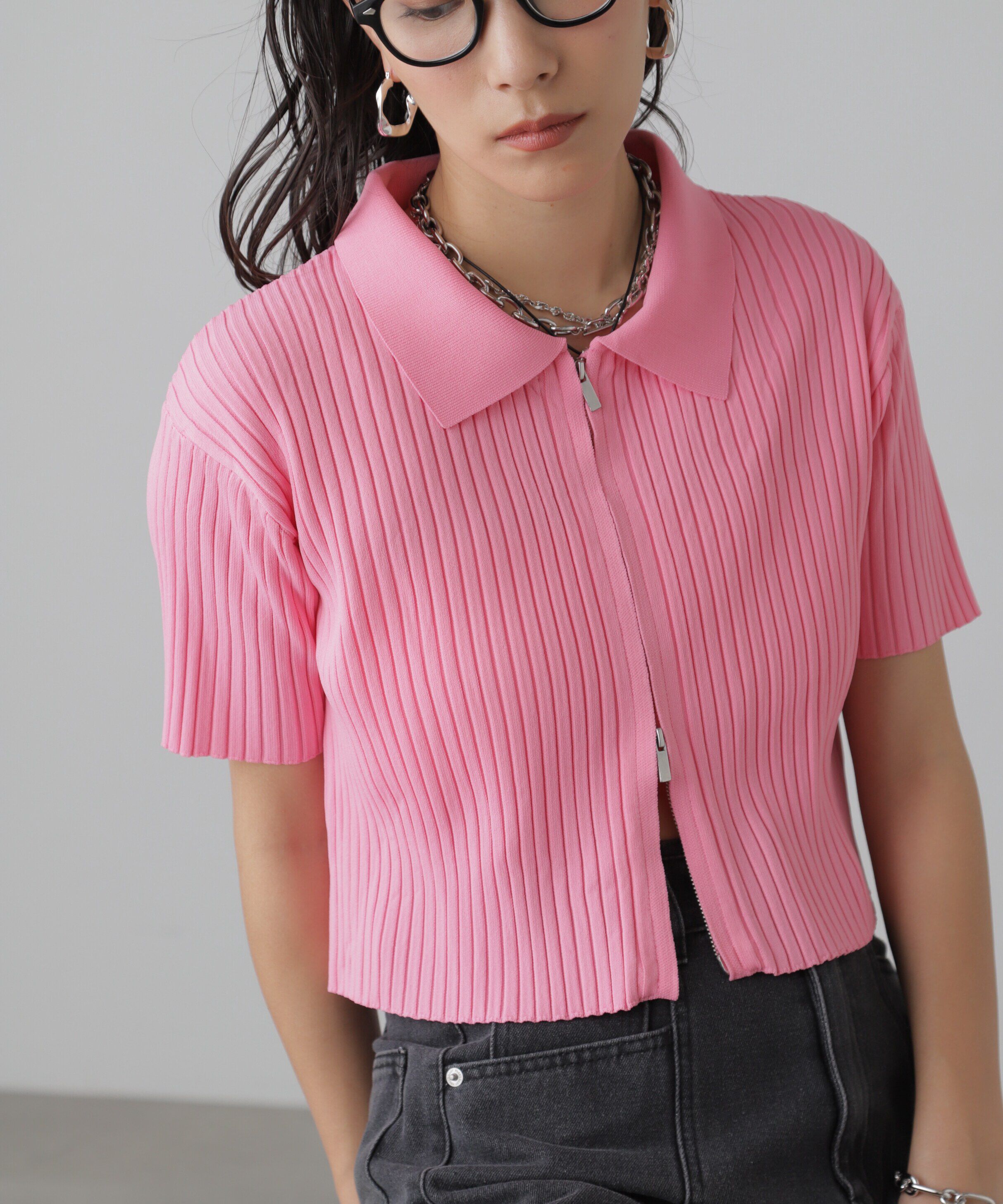  「襟付き半袖ジップニットカーディガン」|ニット・セーター|