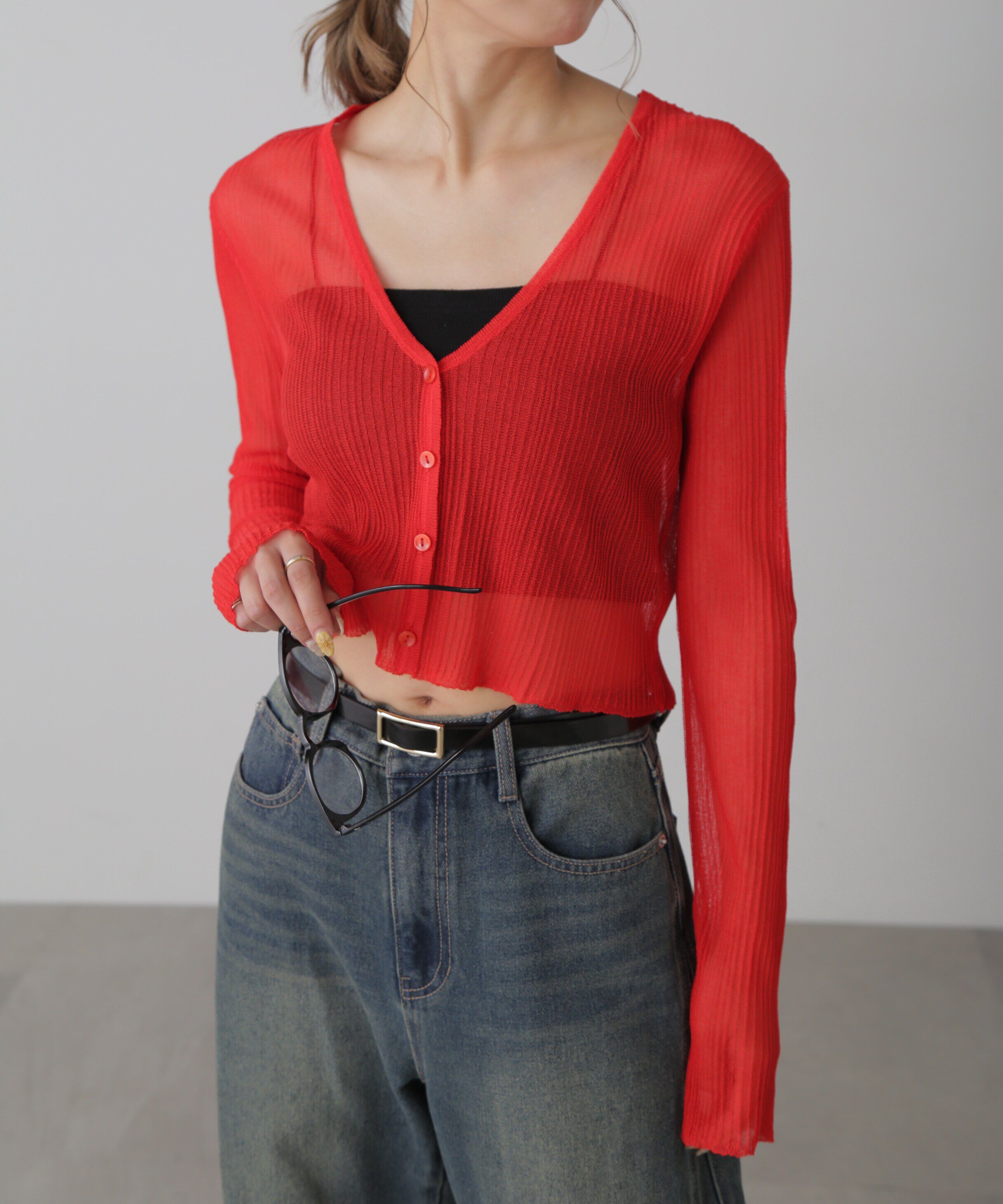  「シアーVネックコンパクトニットカーディガン」|ニット・セーター|レッド