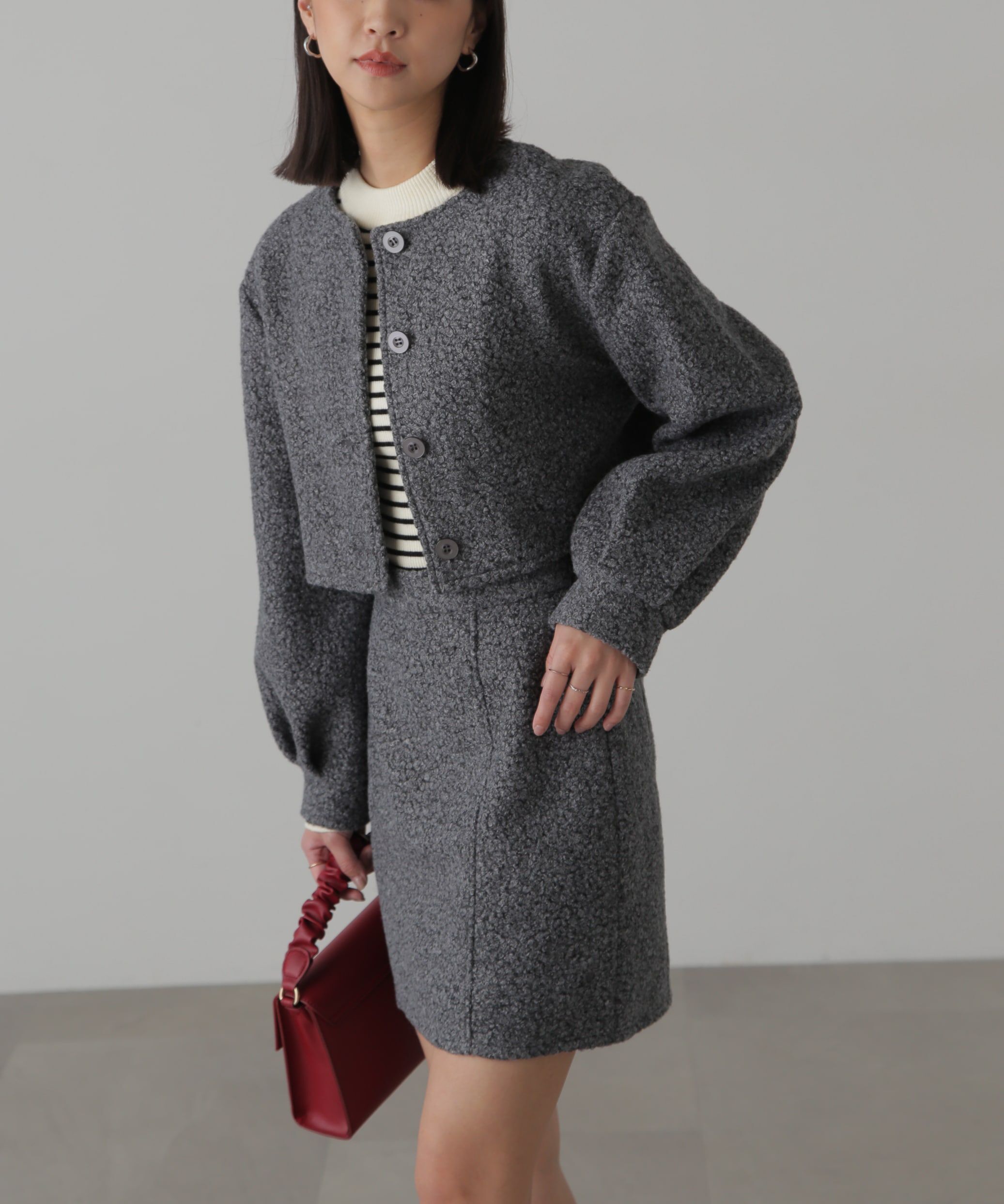  「ミニブークレカーディガン＆ミニスカート」|ワンピース|