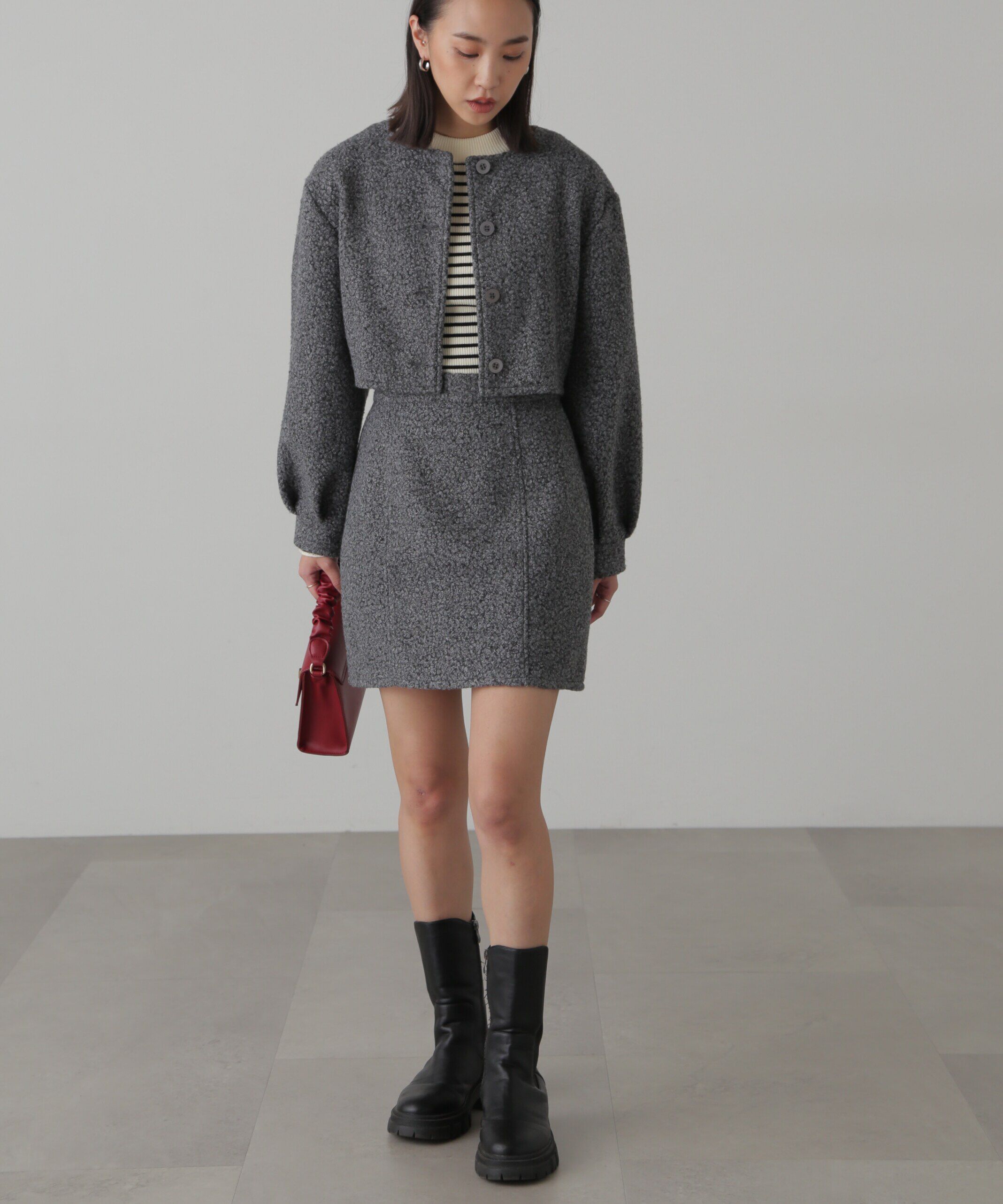  「ミニブークレカーディガン＆ミニスカート」|ワンピース|