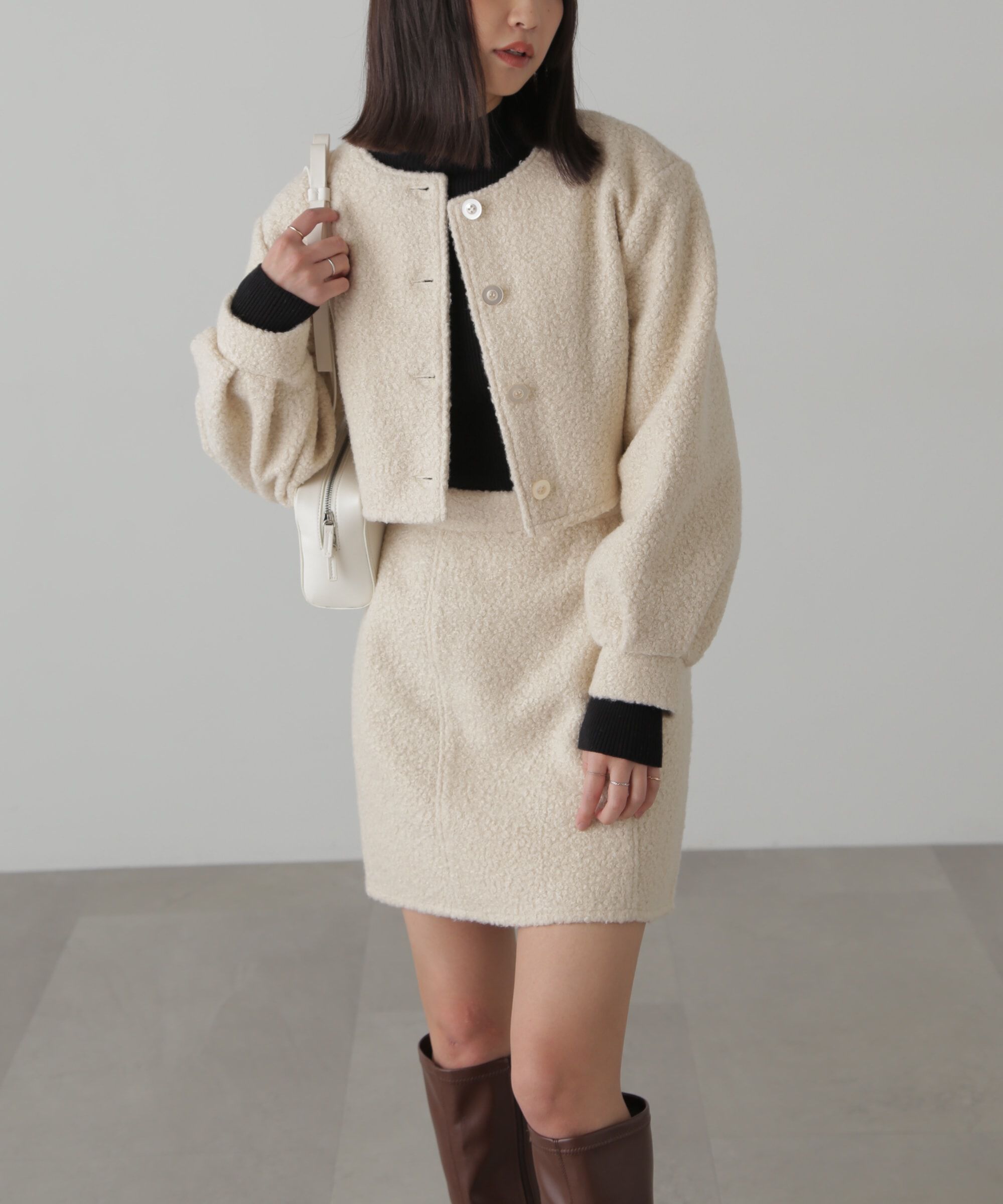  「ミニブークレカーディガン＆ミニスカート」|ワンピース|