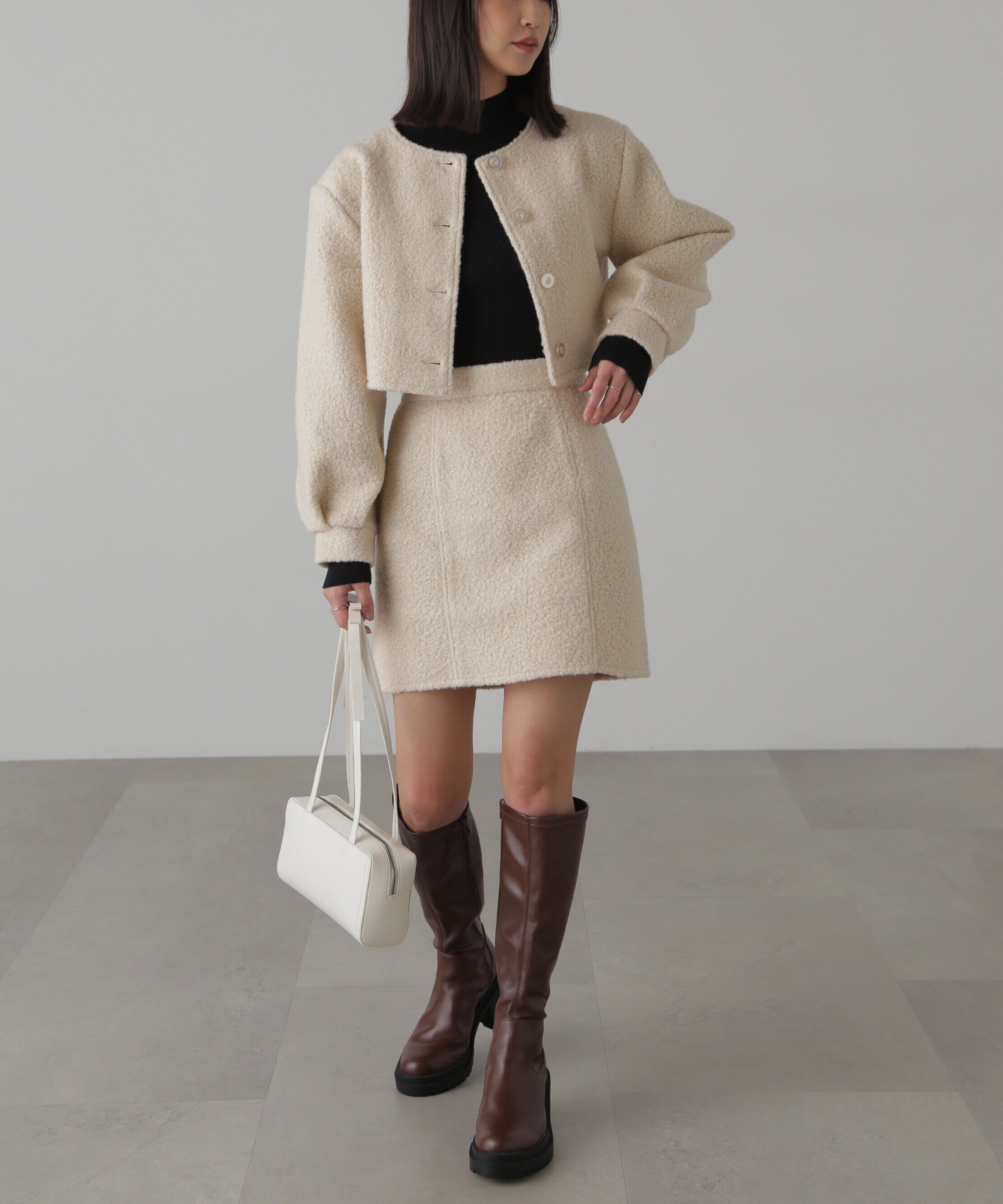  「ミニブークレカーディガン＆ミニスカート」|ワンピース|