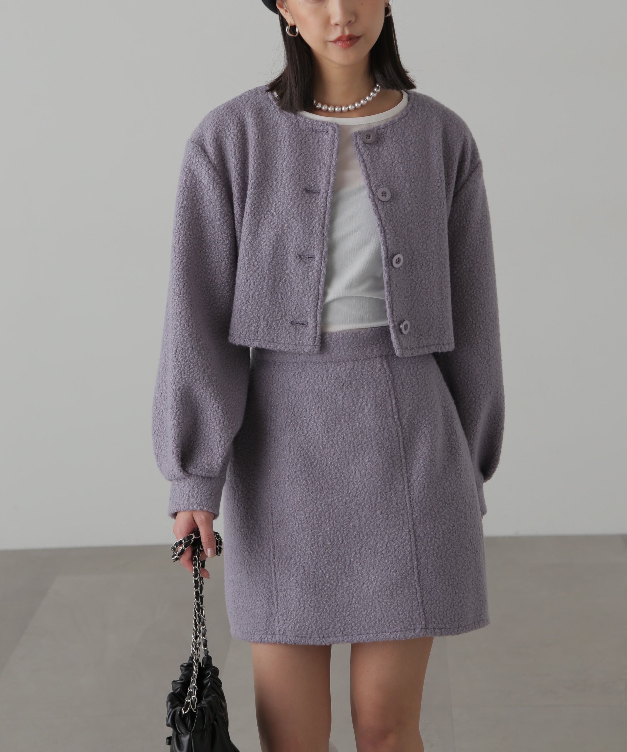  「ミニブークレカーディガン＆ミニスカート」|ワンピース|