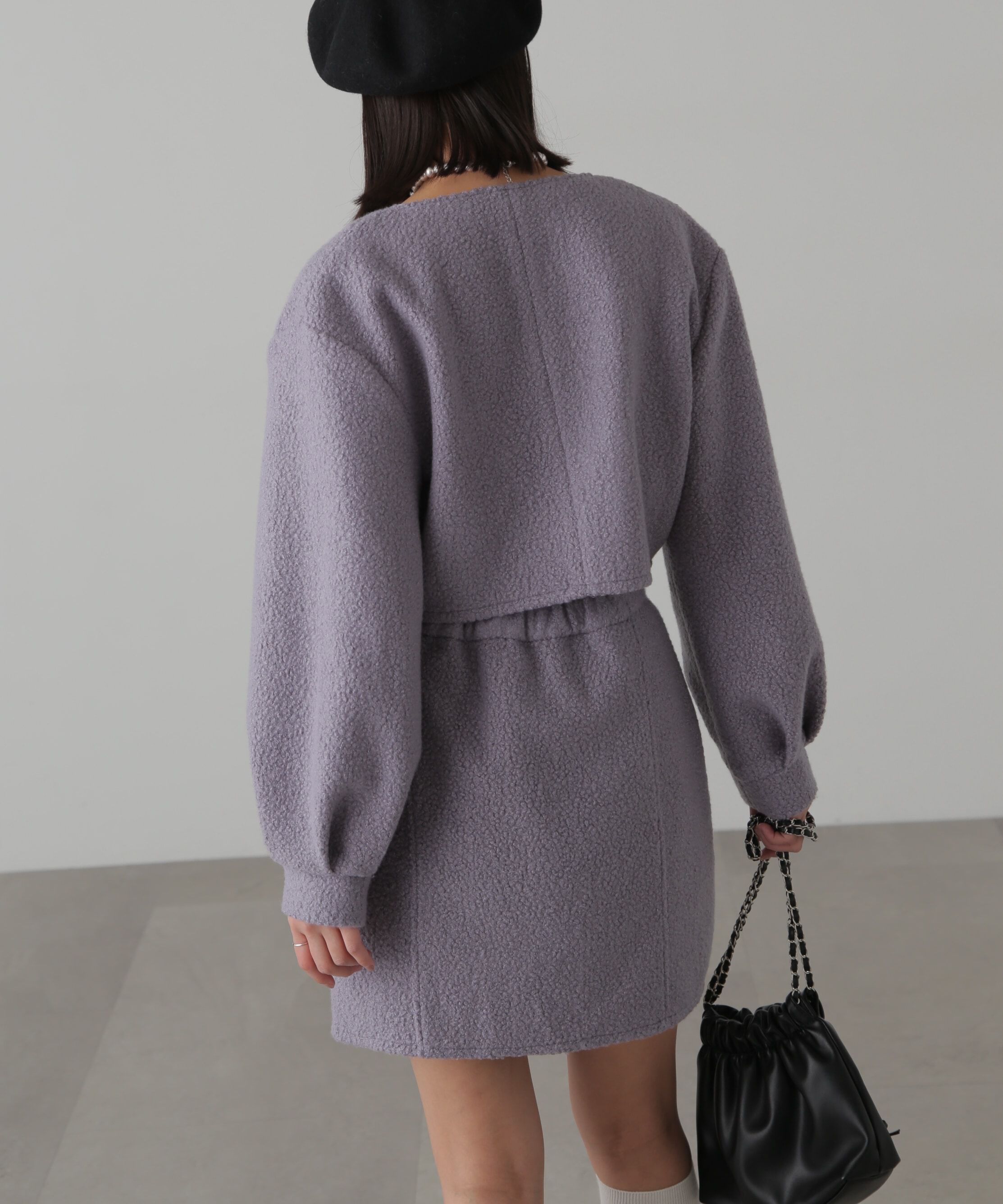  「ミニブークレカーディガン＆ミニスカート」|ワンピース|