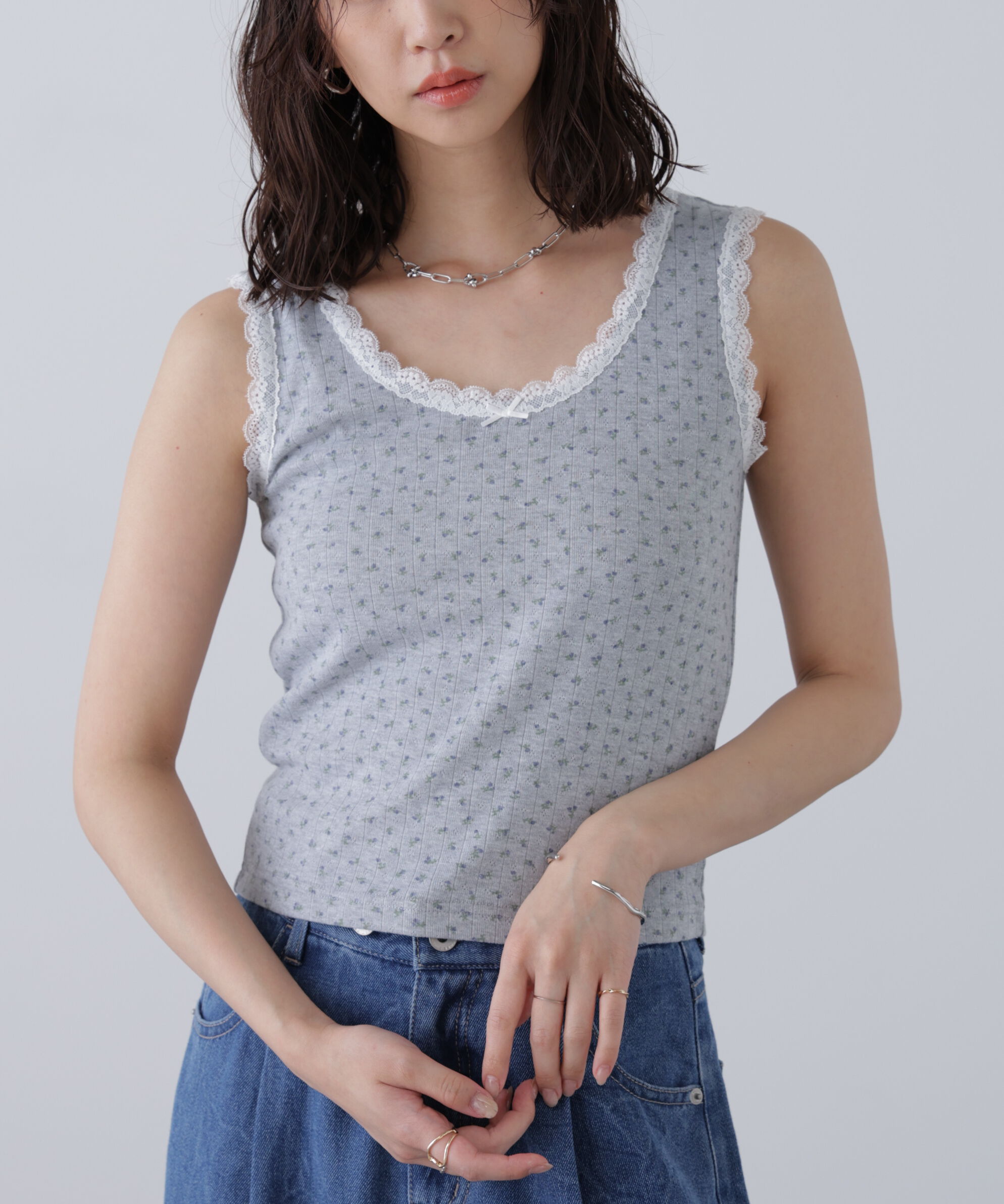  「花柄レーステレコタンクトップ」|Tシャツ・カットソー|