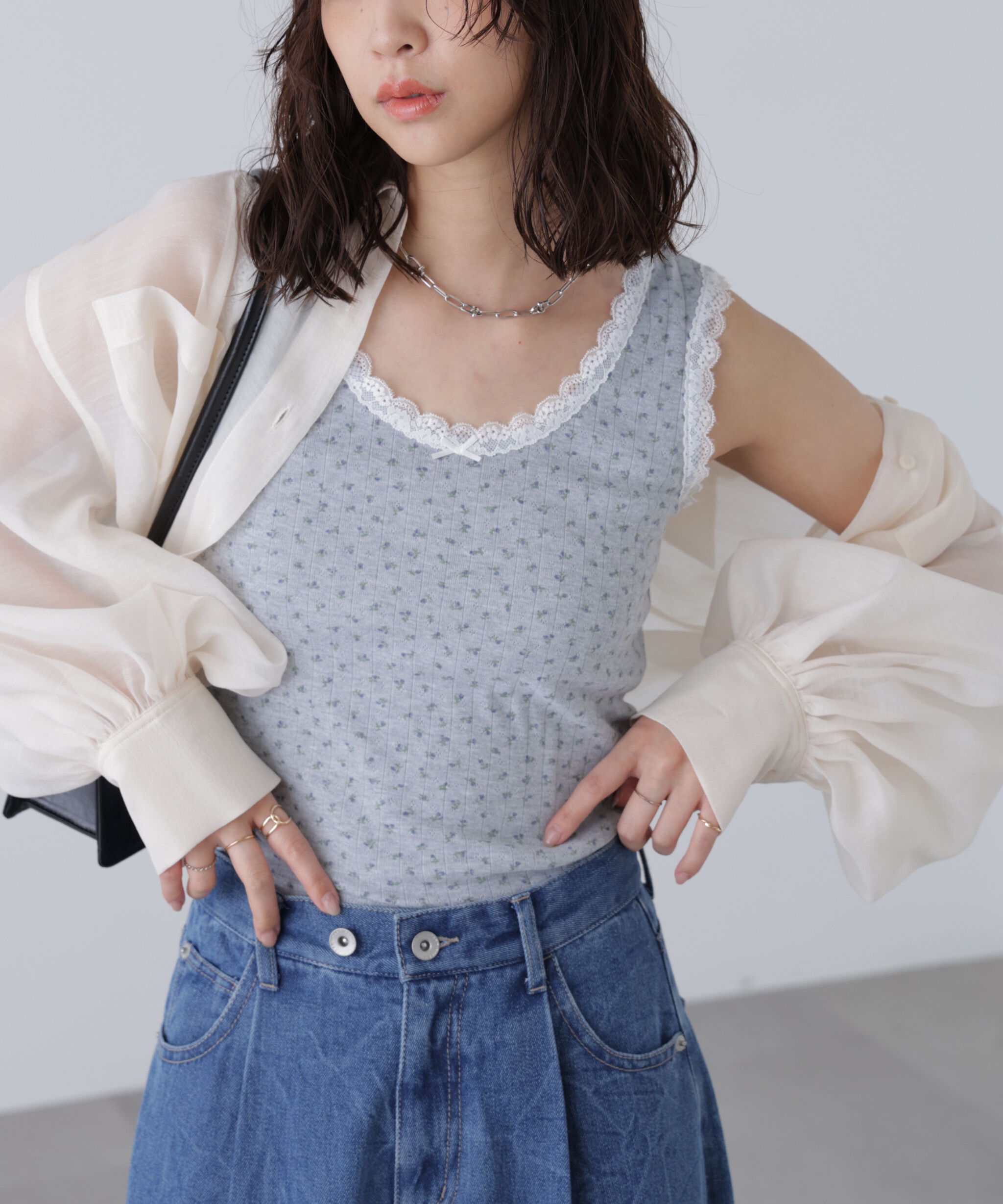  「花柄レーステレコタンクトップ」|Tシャツ・カットソー|