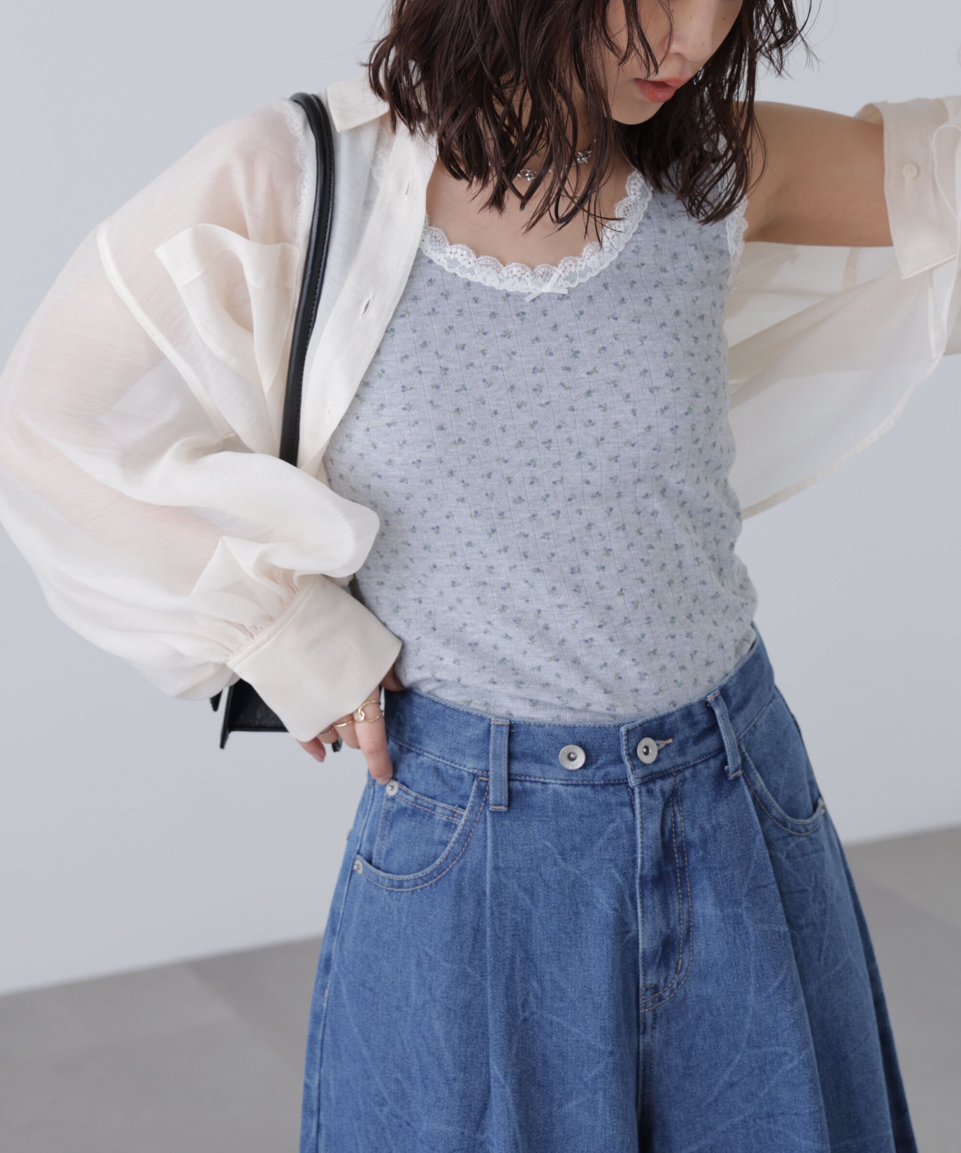  「花柄レーステレコタンクトップ」|Tシャツ・カットソー|