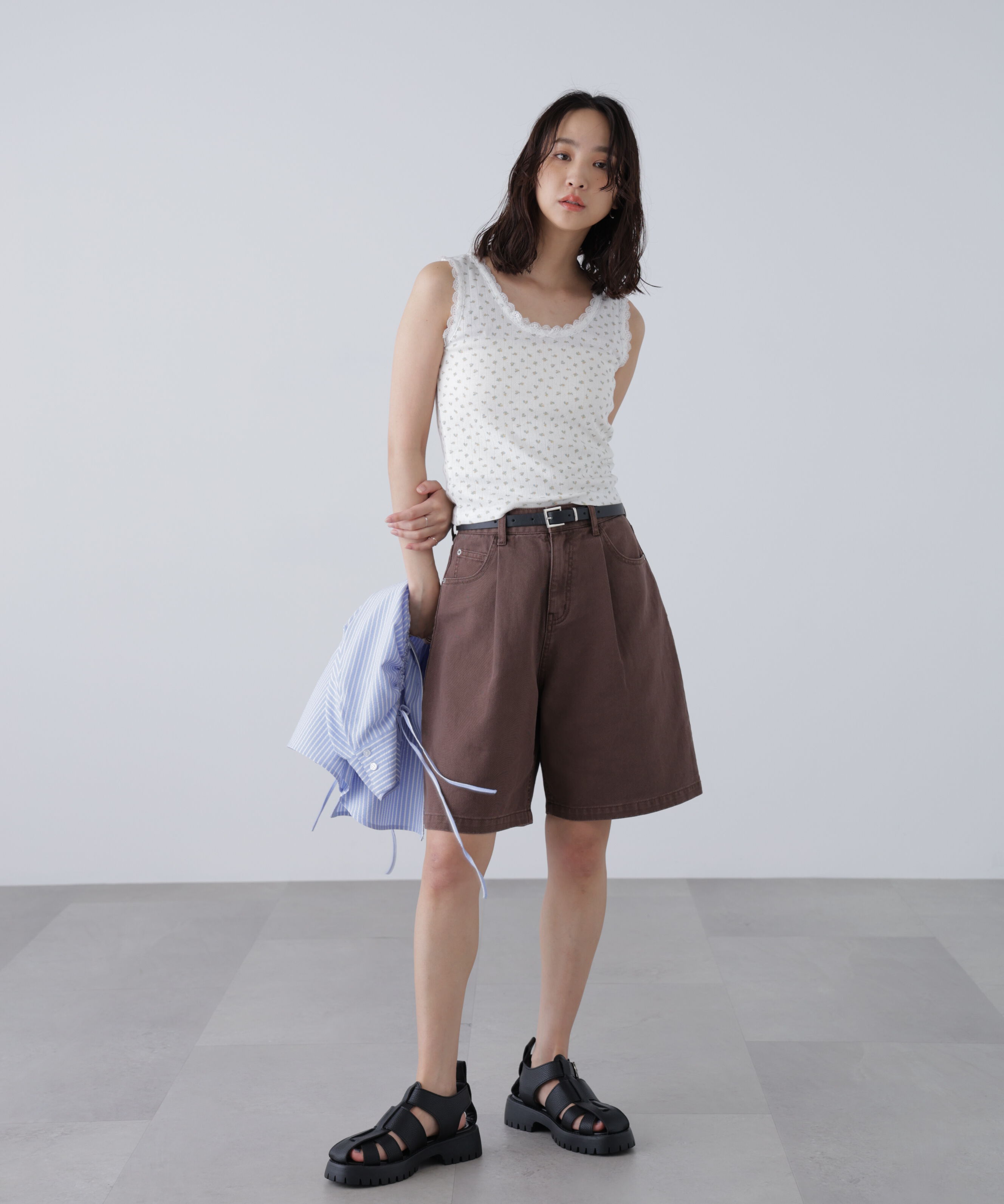  「花柄レーステレコタンクトップ」|Tシャツ・カットソー|