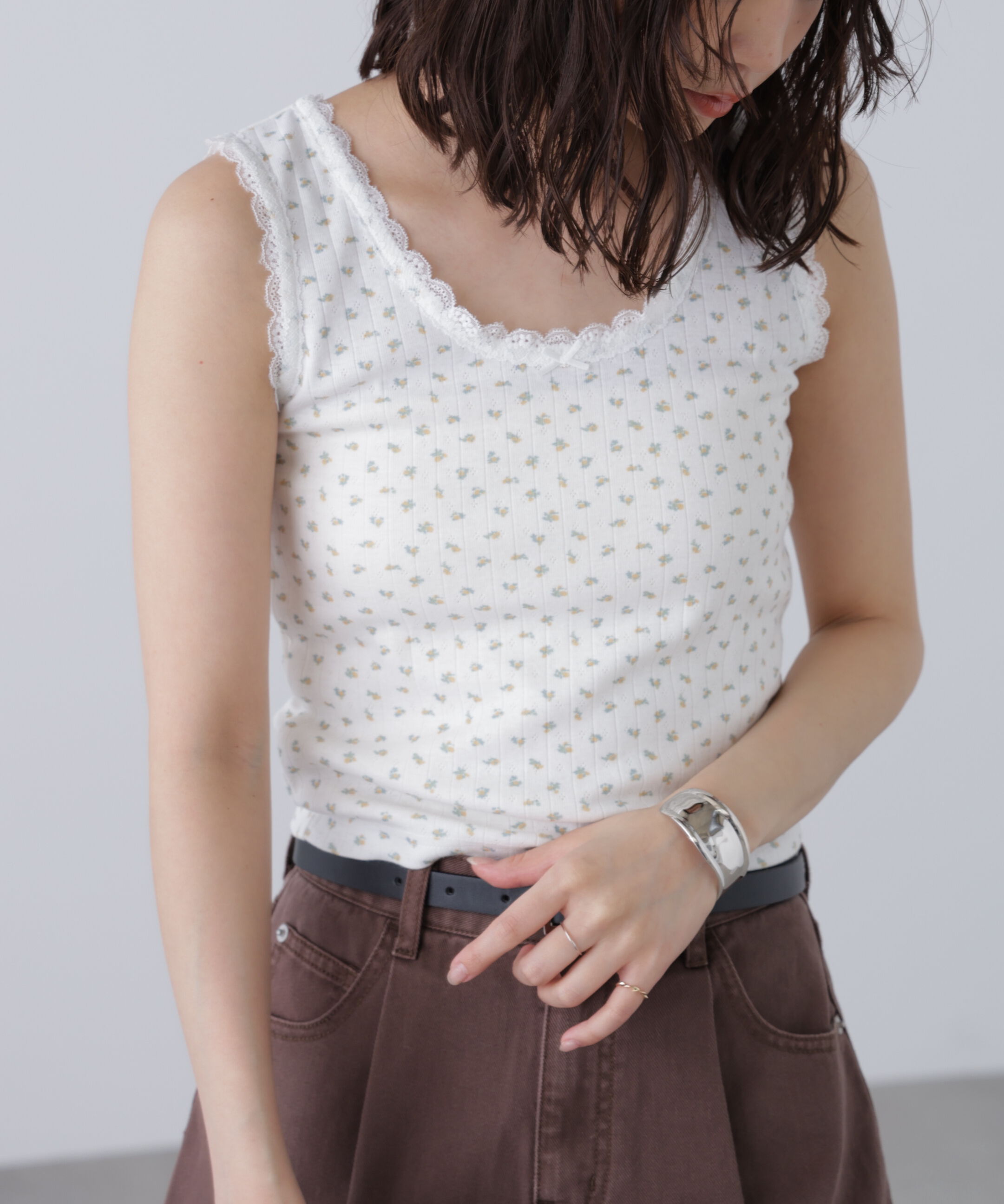  「花柄レーステレコタンクトップ」|Tシャツ・カットソー|