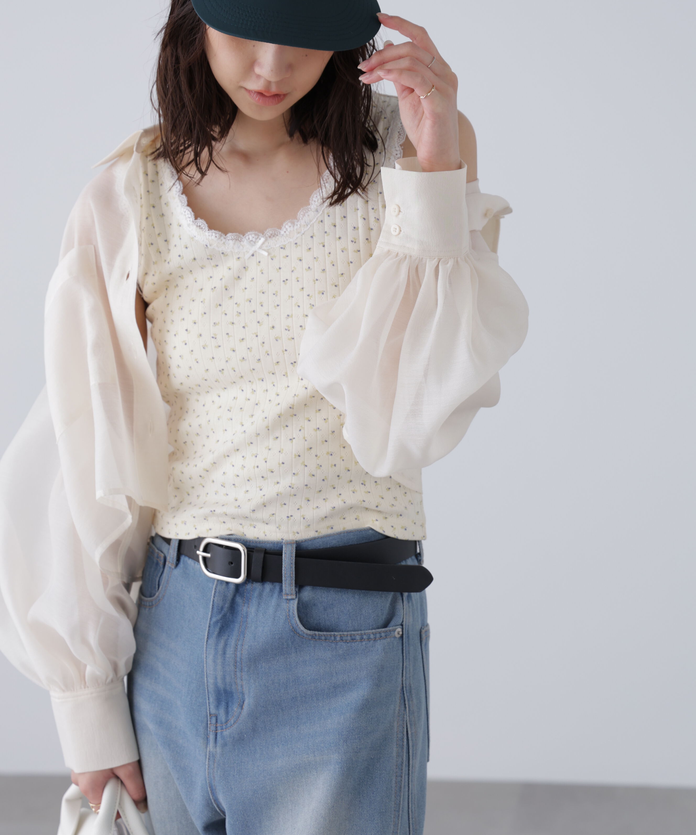  「花柄レーステレコタンクトップ」|Tシャツ・カットソー|