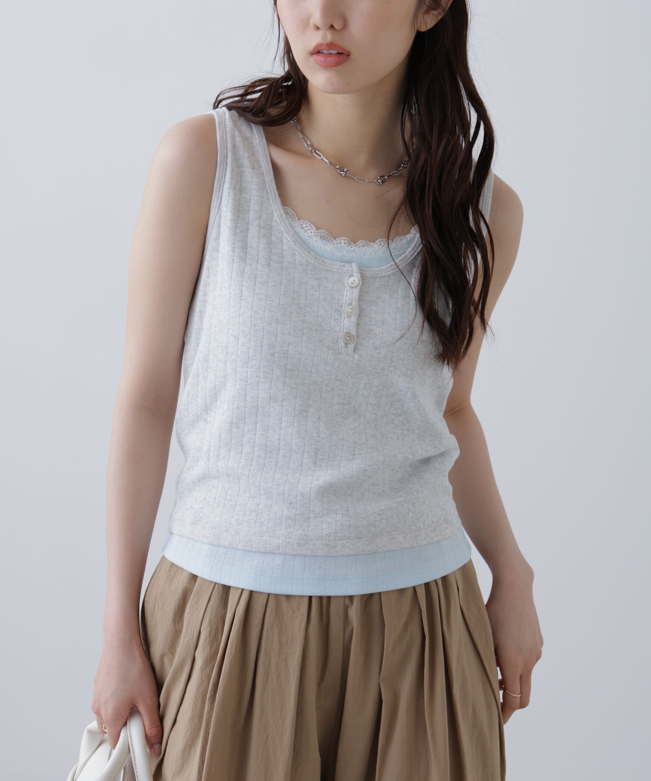  「針抜きテレコレイヤードタンクトップ」|Tシャツ・カットソー|グレー