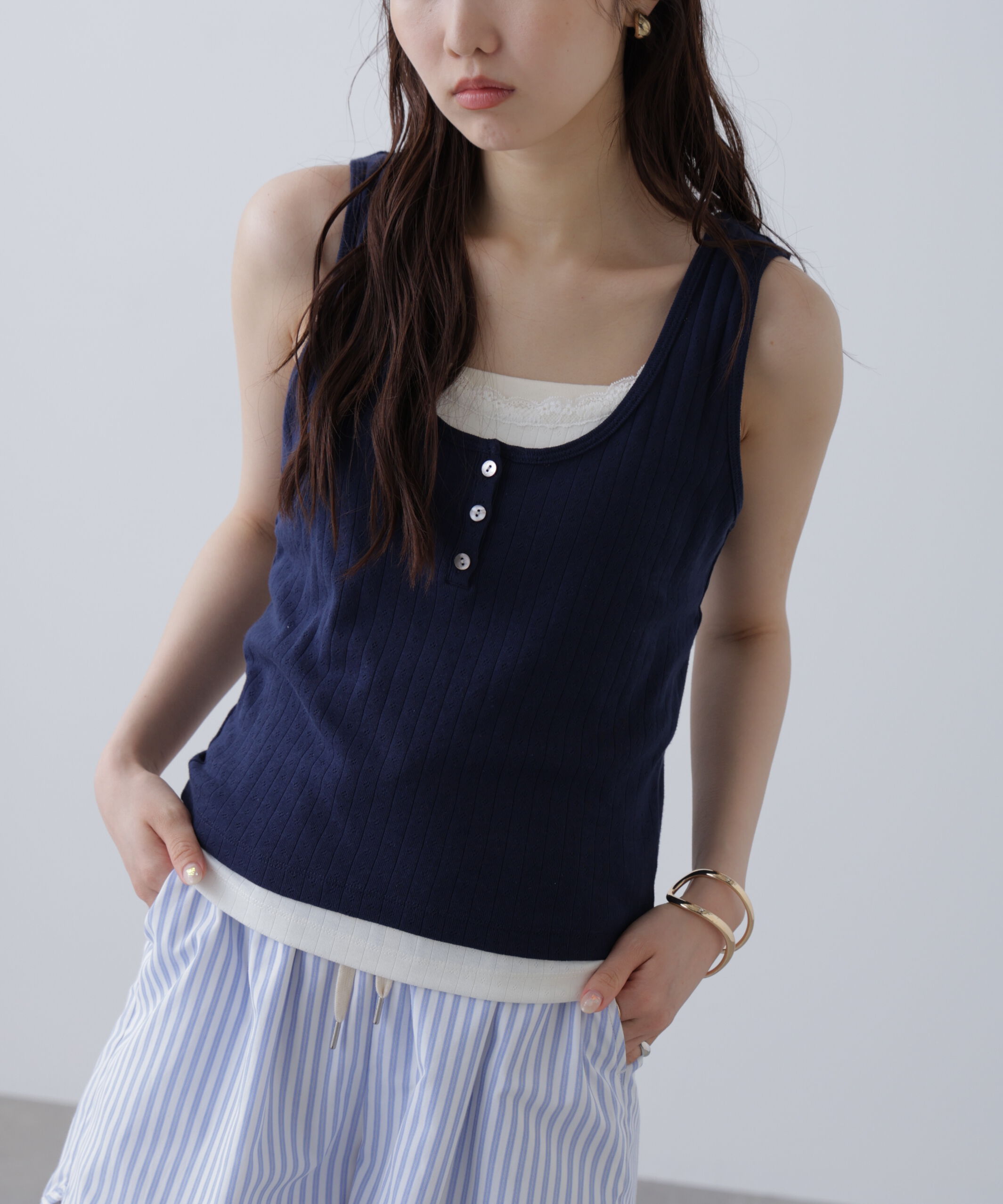  「針抜きテレコレイヤードタンクトップ」|Tシャツ・カットソー|