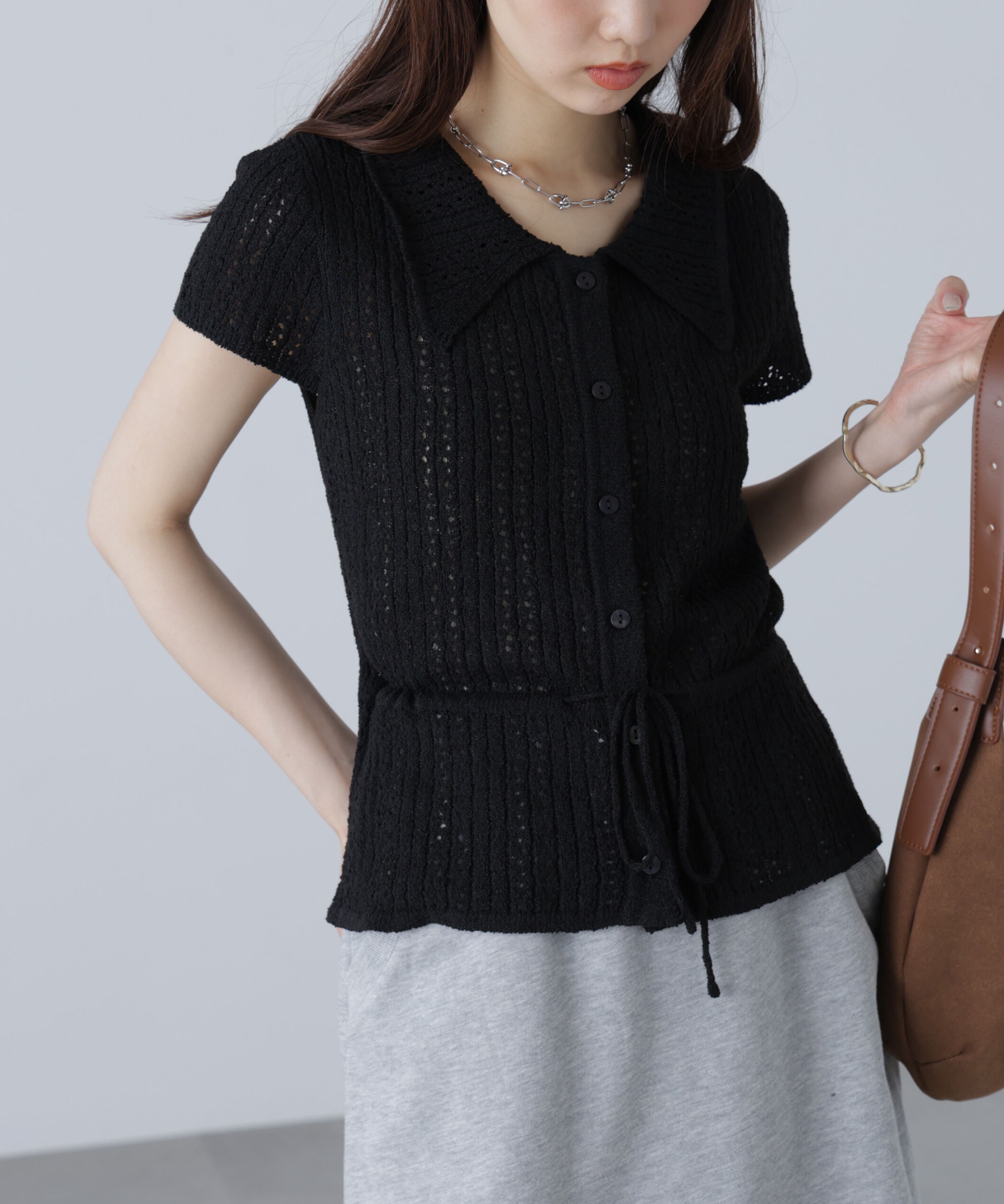  「透かし編みペプラムニット」|ニット・セーター|ブラック