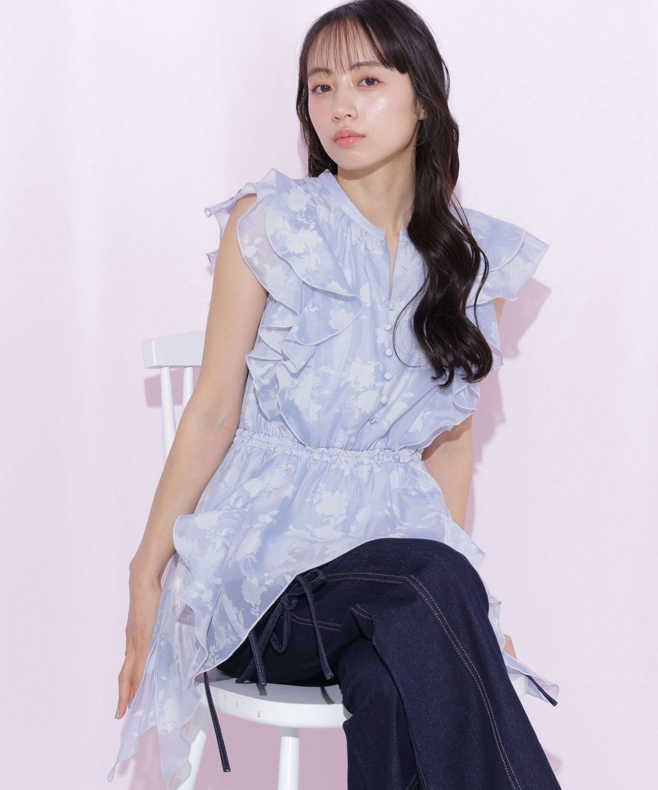  「シアーオパールラッフルブラウス」|シャツ・ブラウス|ブルー