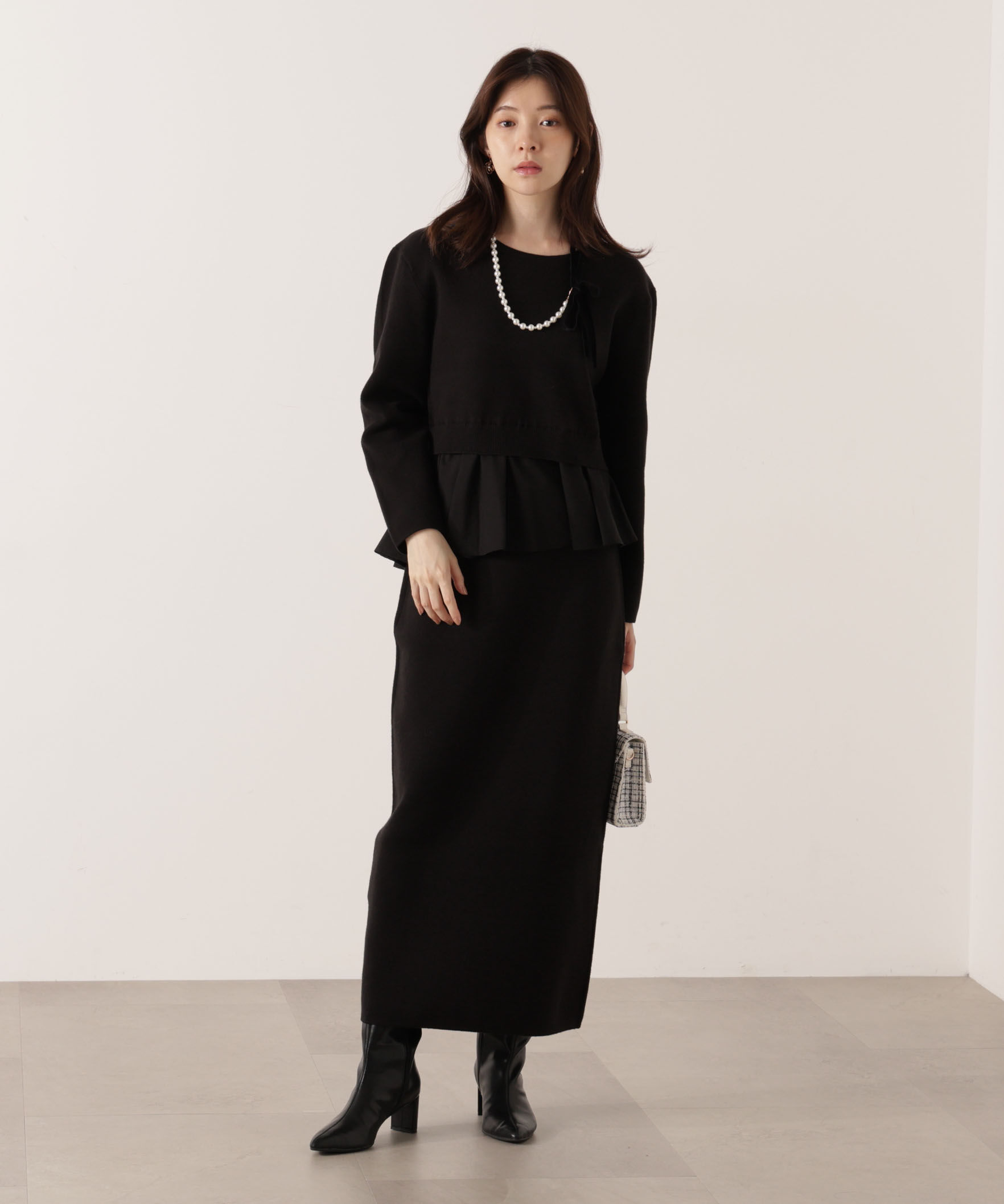 PROPORTION BODY DRESSING「＜ウォッシャブル＞ランダムヘムペプラムニットSETUP 25AW」|ワンピース|ブラック