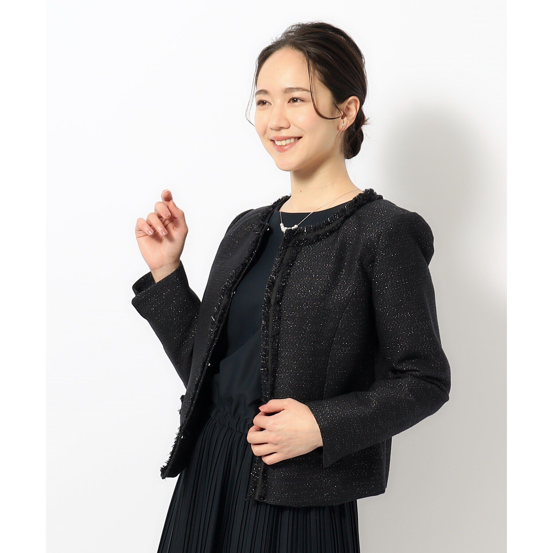 SHOO･LA･RUE「【S-3L】ツイードフリンジノーカラージャケット」|ノーカラージャケット|