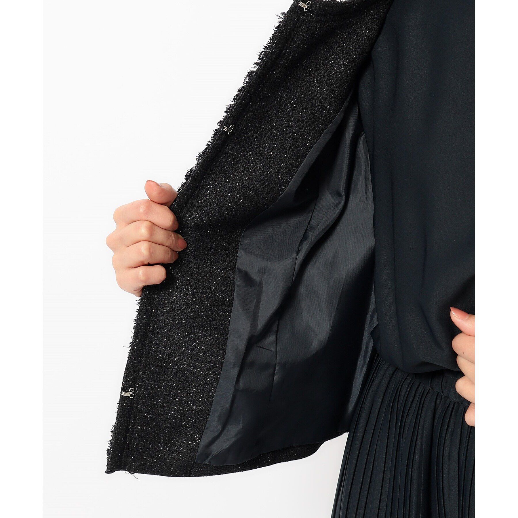 SHOO･LA･RUE「【S-3L】ツイードフリンジノーカラージャケット」|ノーカラージャケット|