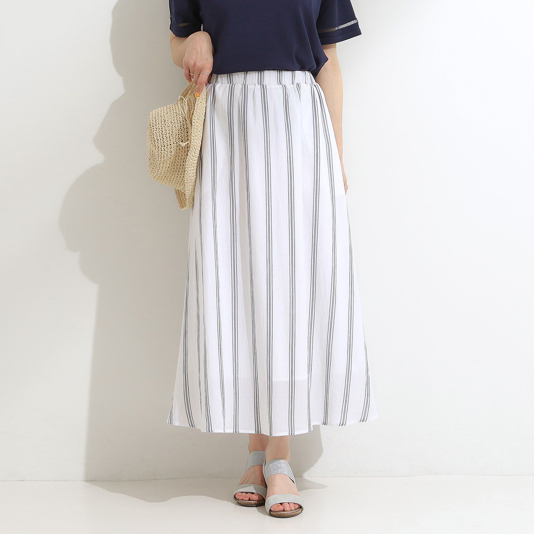 SHOO･LA･RUE「ふんわり軽やか ストライプギャザースカート」|スカート|ホワイト(401)