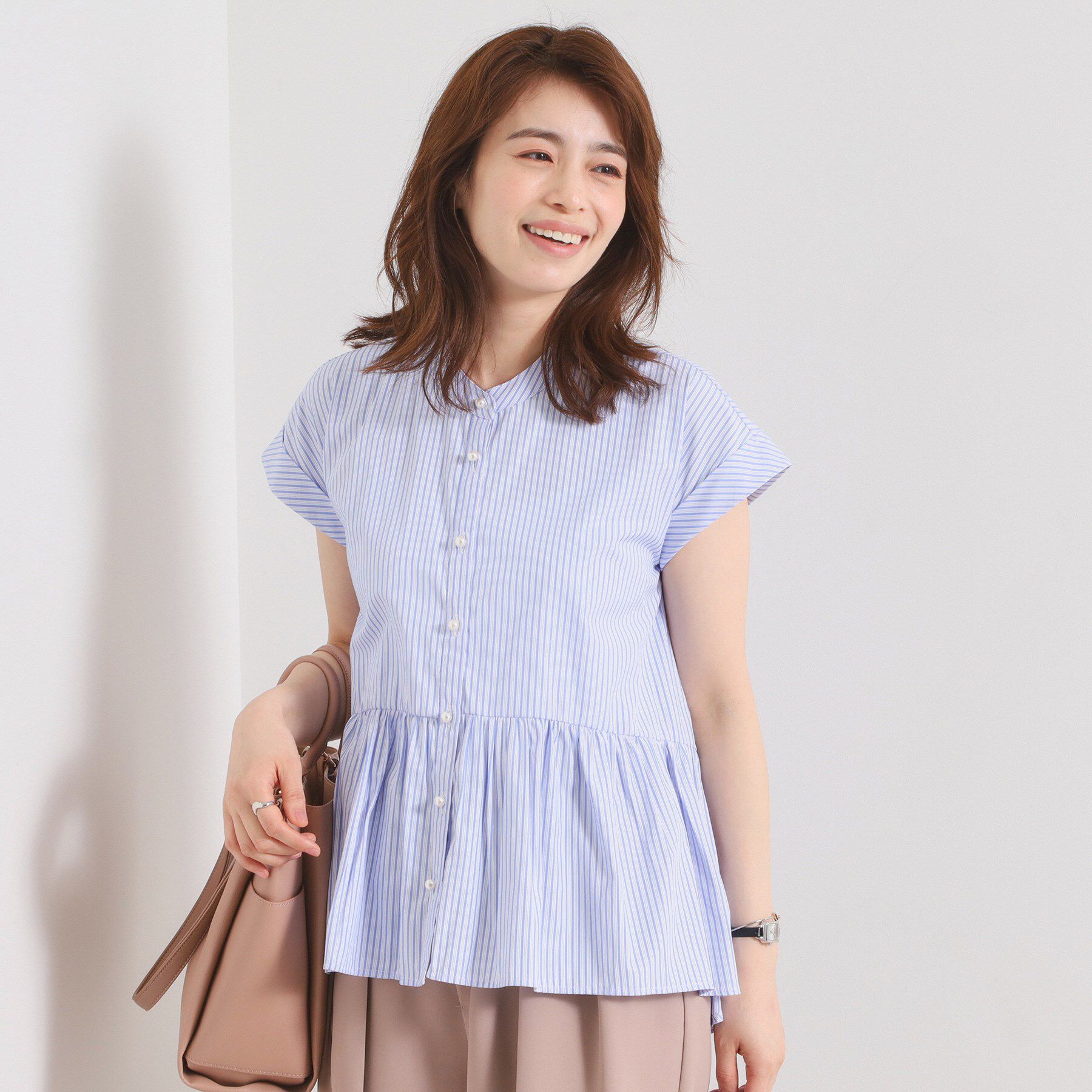 ITS&rsquo;DEMO「【接触冷感／手洗い可】ストライプペプラムブラウス」|シャツ・ブラウス|オフホワイト(303