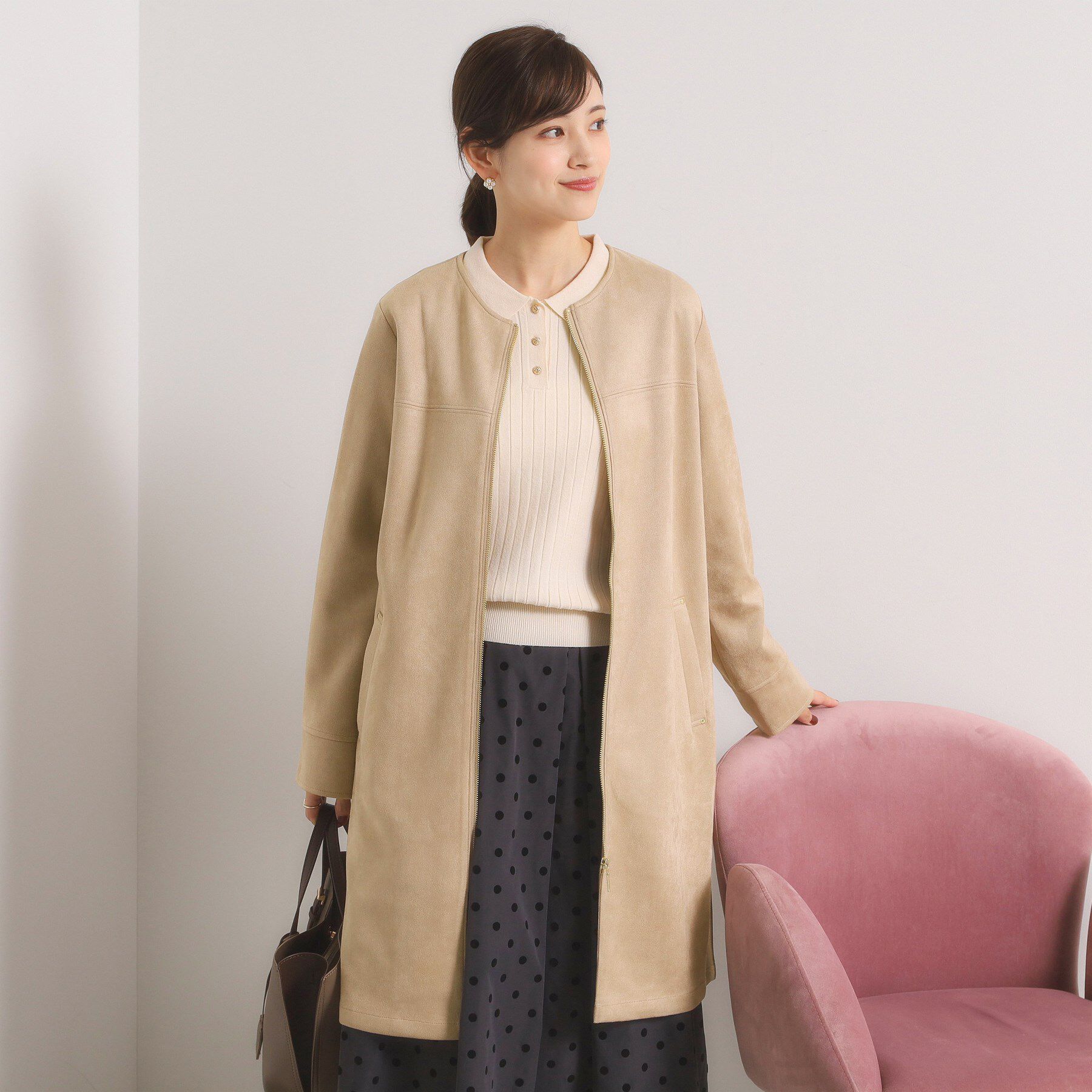 ITS&rsquo;DEMO「カットスエード調コート」|ノーカラーコート|ベージュ(052)