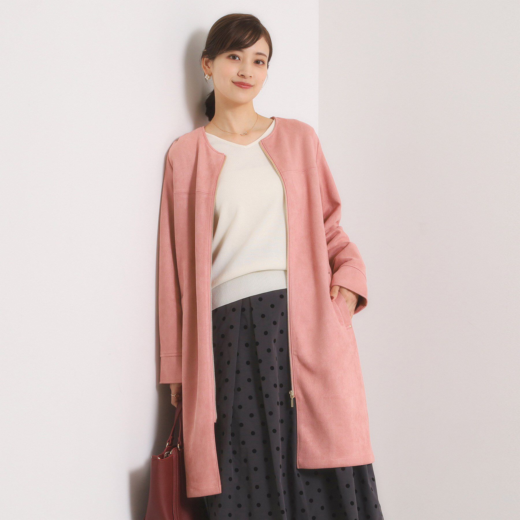 ITS&rsquo;DEMO「カットスエード調コート」|ノーカラーコート|ピンク(071)