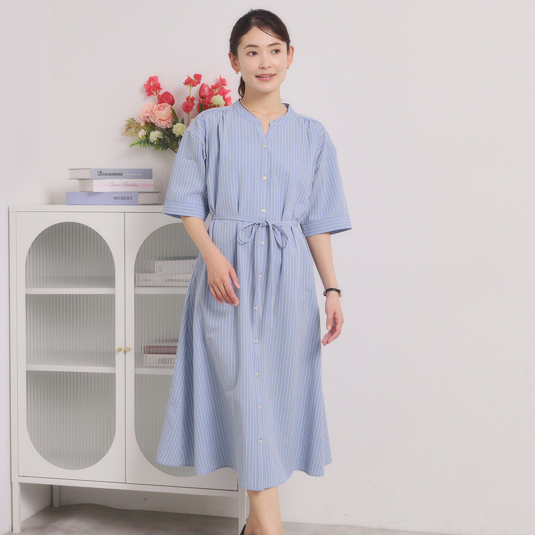 ITS&rsquo;DEMO「【手洗い可】サッカーストライプ前開きワンピース」|ワンピース|サックスブルー(39