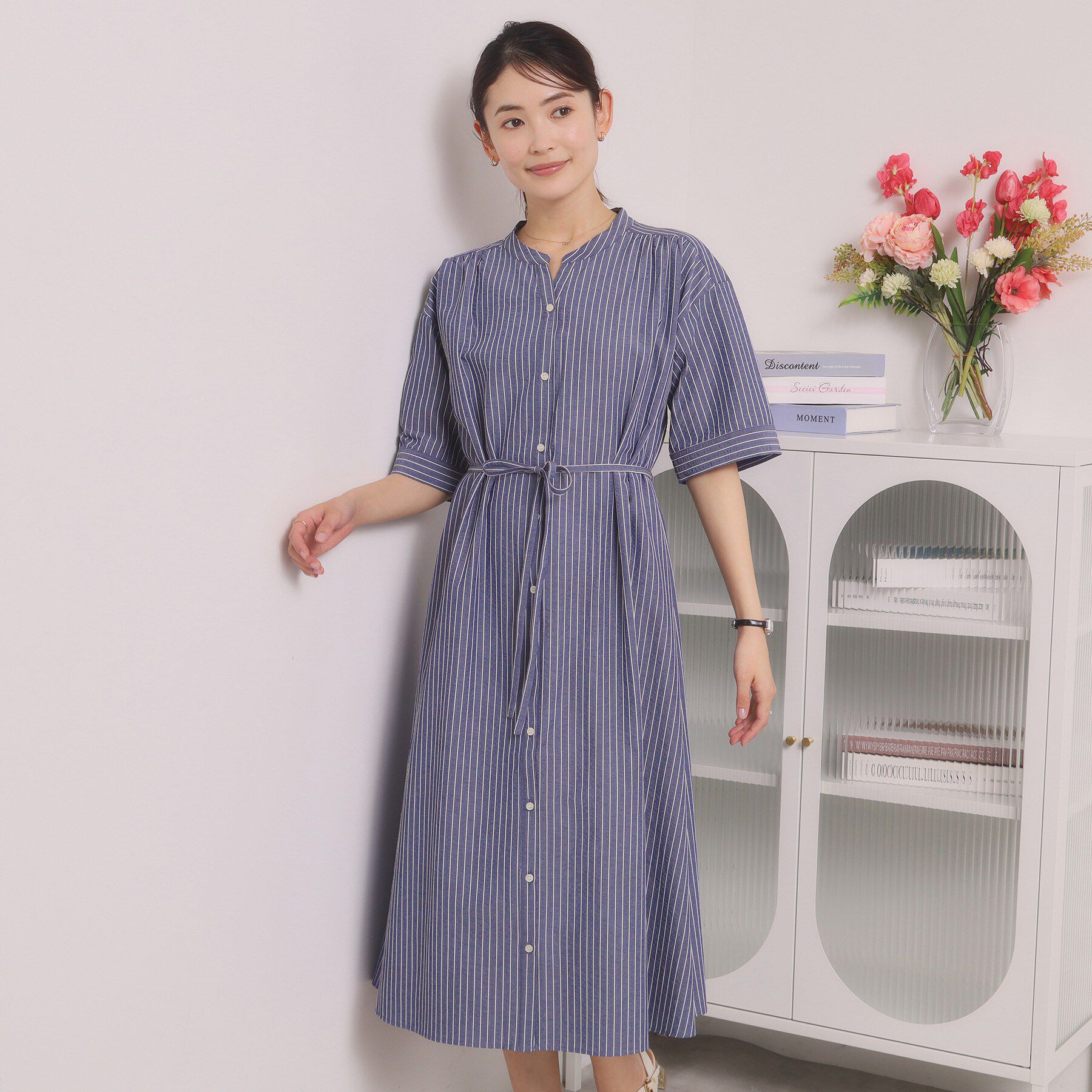 ITS&rsquo;DEMO「【手洗い可】サッカーストライプ前開きワンピース」|ワンピース|ネイビー(394)