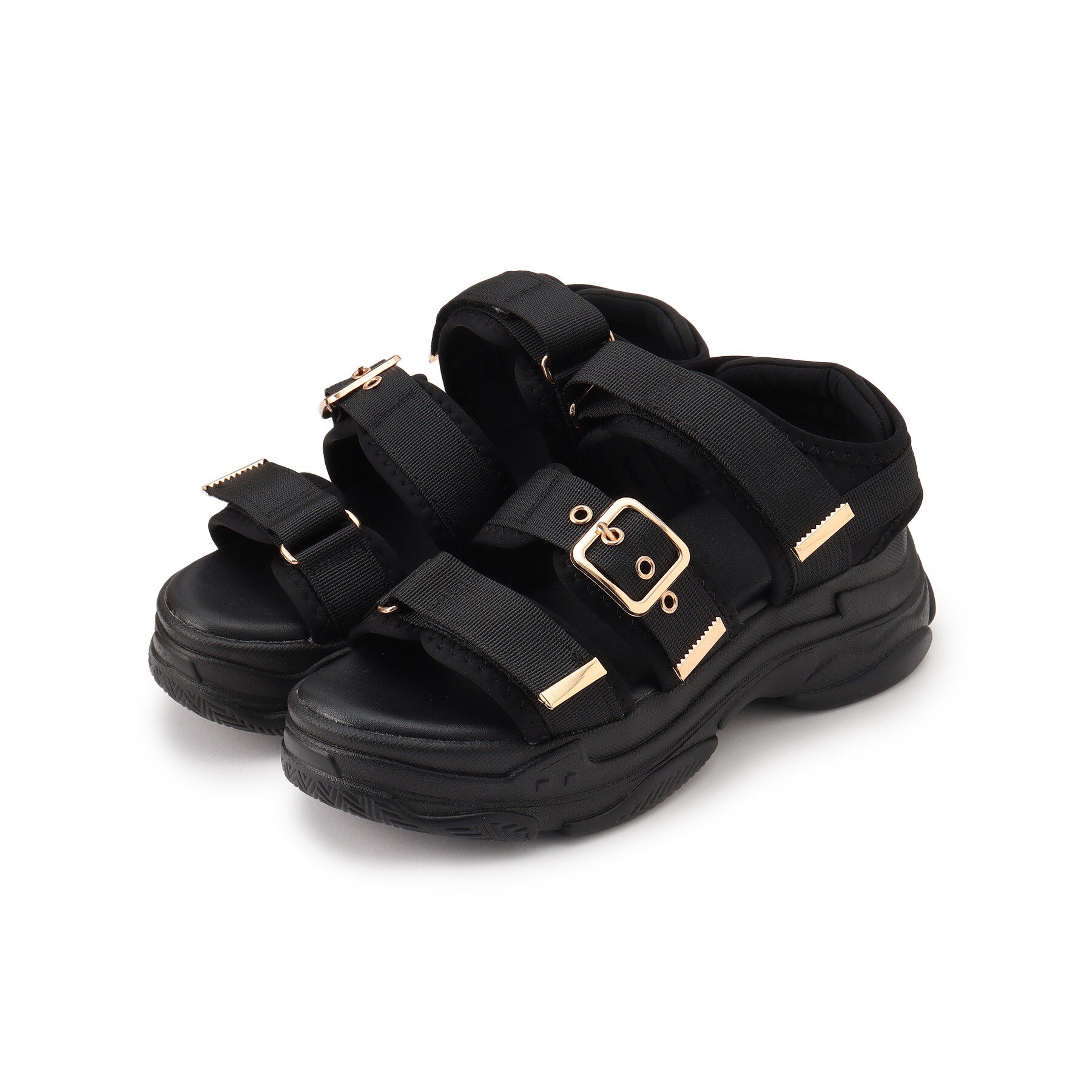 csT&P「軽量厚底ソール ゴールドベルトスポーツサンダル」|サンダル|ﾌﾞﾗｯｸ(019)