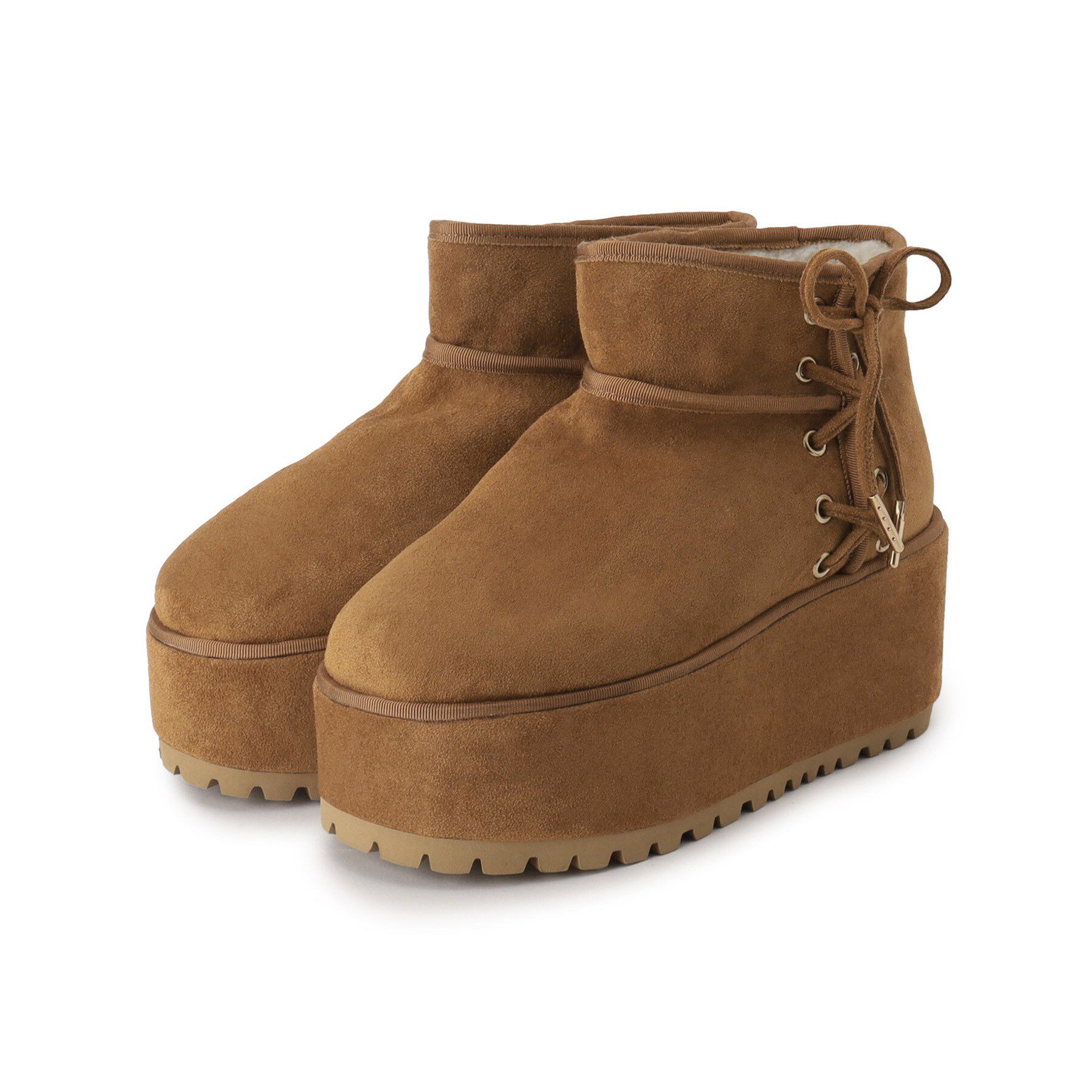 ESPERANZA「【EC先行販売】厚底レースアップリボンフェイクムートンブーツ」|ショートブーツ|