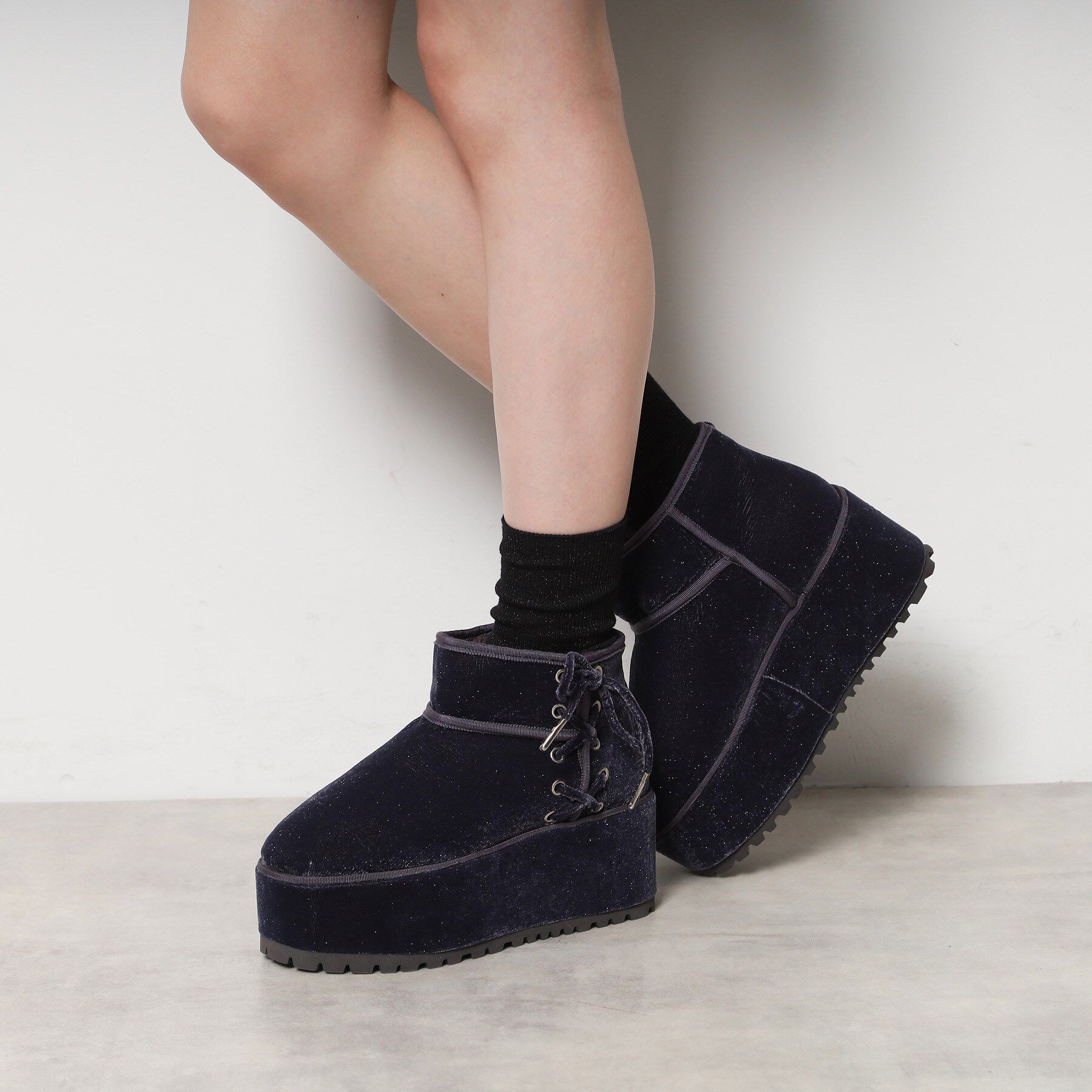 ESPERANZA「【EC先行販売】厚底レースアップリボンフェイクムートンブーツ」|ショートブーツ|
