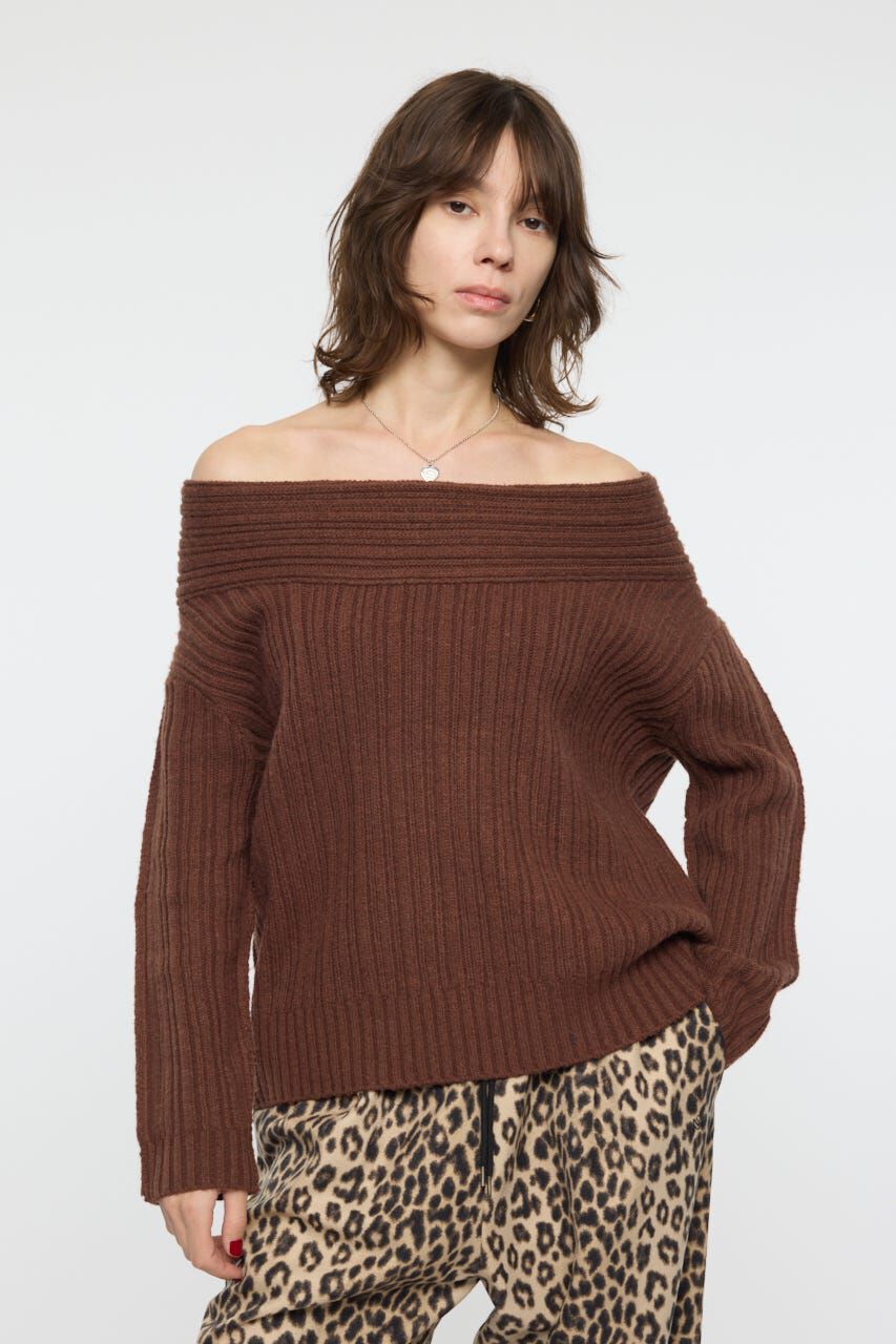 MOUSSY「OVER RIB OFF SHOULDER トップス」|ニット・セーター|BRN