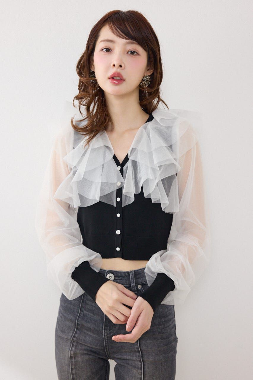 rienda「チュールフリルシアーニットカーディガン」|カーディガン|BLK