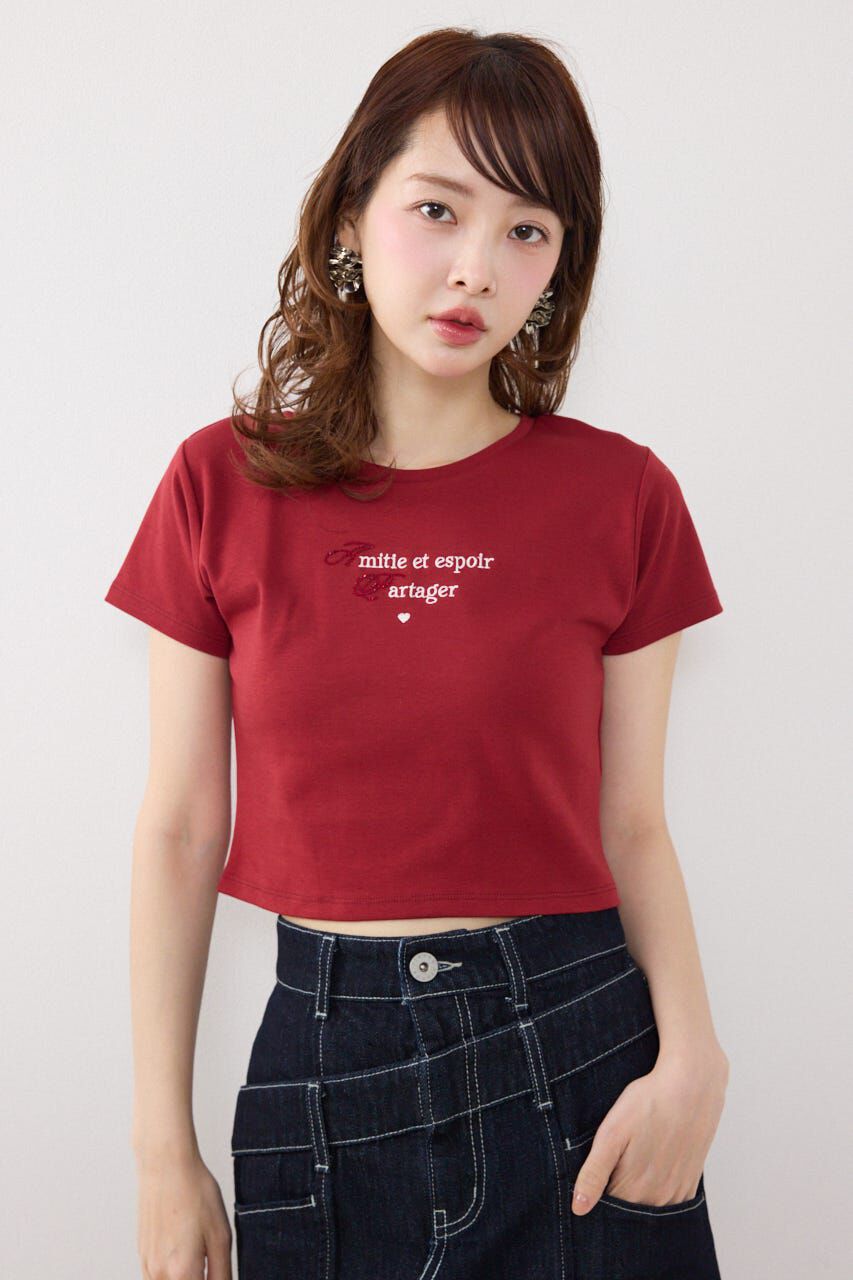 rienda「ラインストーンコンパクトロゴTシャツ」|Tシャツ・カットソー|RED