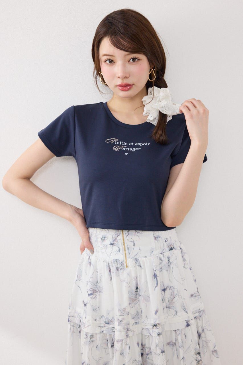 rienda「ラインストーンコンパクトロゴTシャツ」|Tシャツ・カットソー|NVY