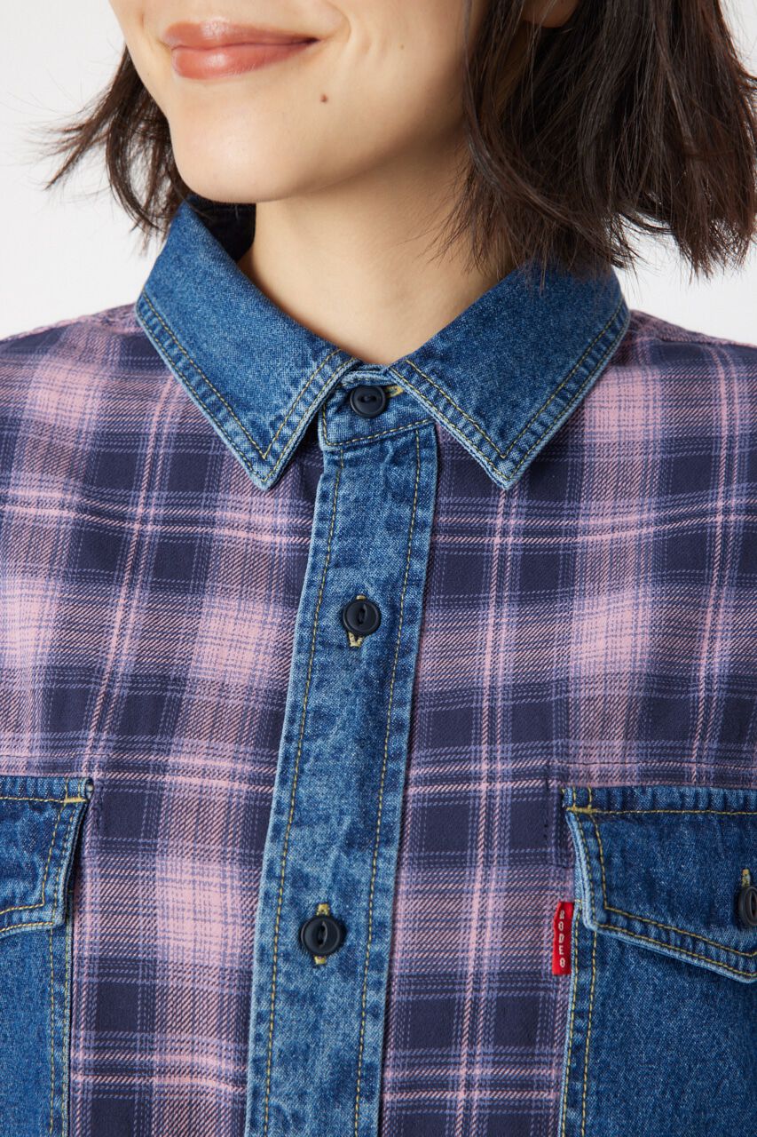 RODEO CROWNS「デニムドッキングチェックシャツ」|シャツ・ブラウス|