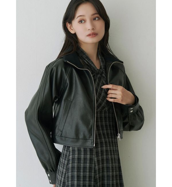 MERCURYDUO「フェイクレザークロップドブルゾン」|ブルゾン・スタジャン|ブラック