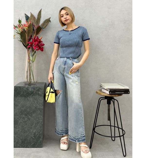 EVRIS「カットアウトワイドデニムパンツ」|デニム|