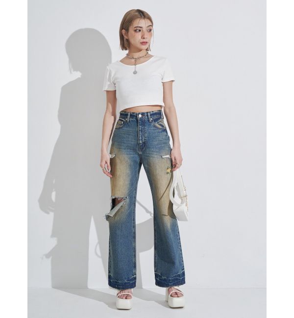 EVRIS「カットアウトワイドデニムパンツ」|デニム|