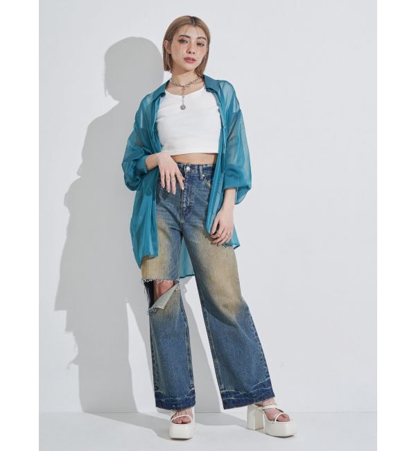 EVRIS「カットアウトワイドデニムパンツ」|デニム|