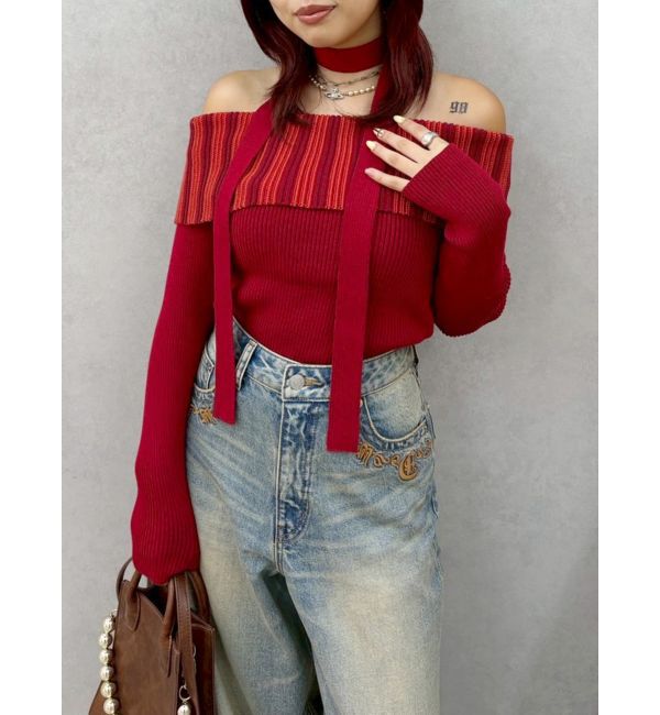 EVRIS「チョーカーSETオフショルニットトップス」|ニット・セーター|レッド