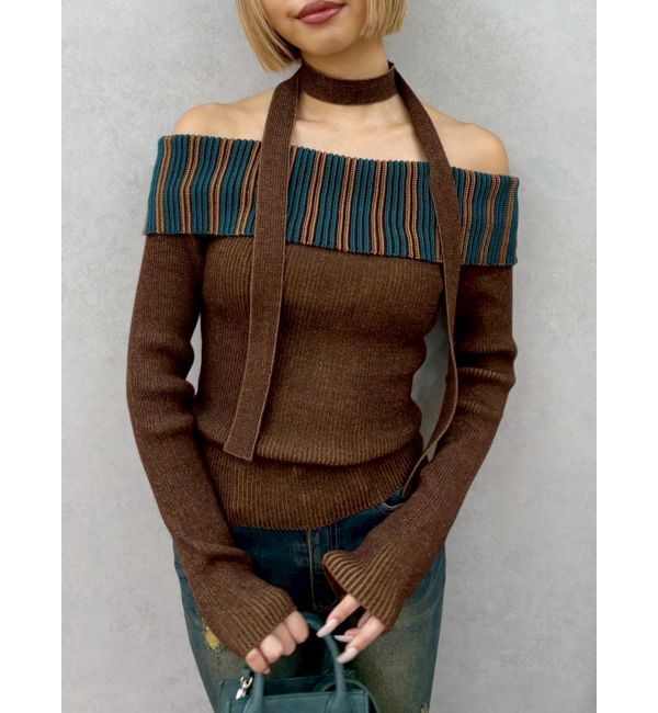 EVRIS「チョーカーSETオフショルニットトップス」|ニット・セーター|ブラウン