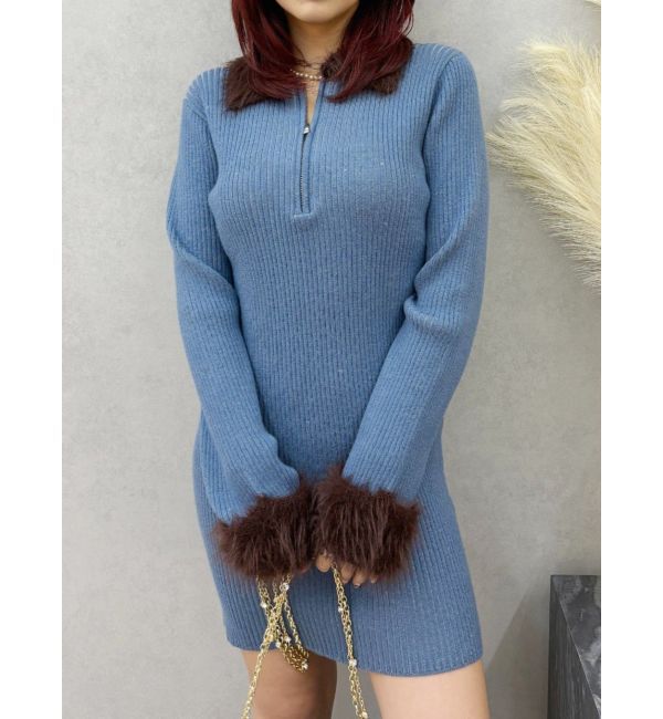 EVRIS「フェザーコンビニットミニワンピース」|ワンピース|ブルー