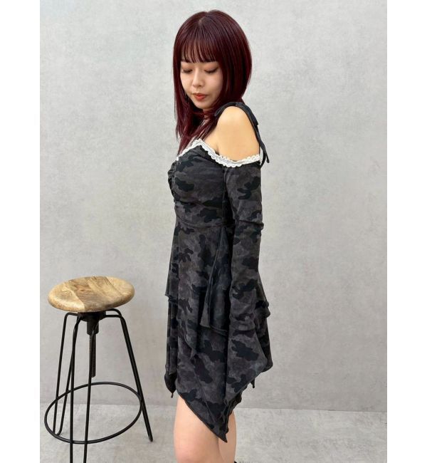 EVRIS「オープンショルダーレースドッキングミニワンピース」|ワンピース|