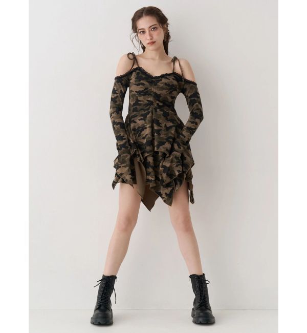 EVRIS「オープンショルダーレースドッキングミニワンピース」|ワンピース|