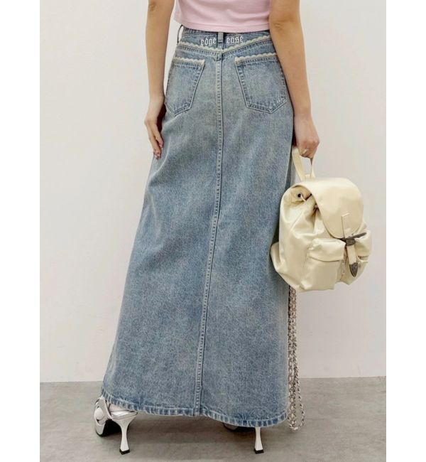 EVRIS「レースグラフィックロングデニムスカート」|スカート|ブルー